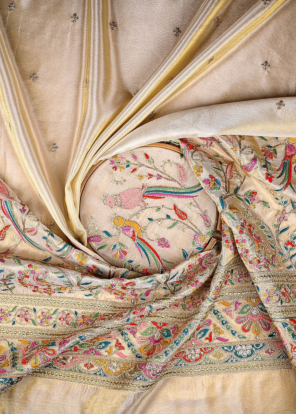 (Pre-Cut-1-MTR)-Golden-Tissue-Fabric-With-All-Over-Zari,-Sequins-And-Thread-Work-With-One-Side-Border-18899