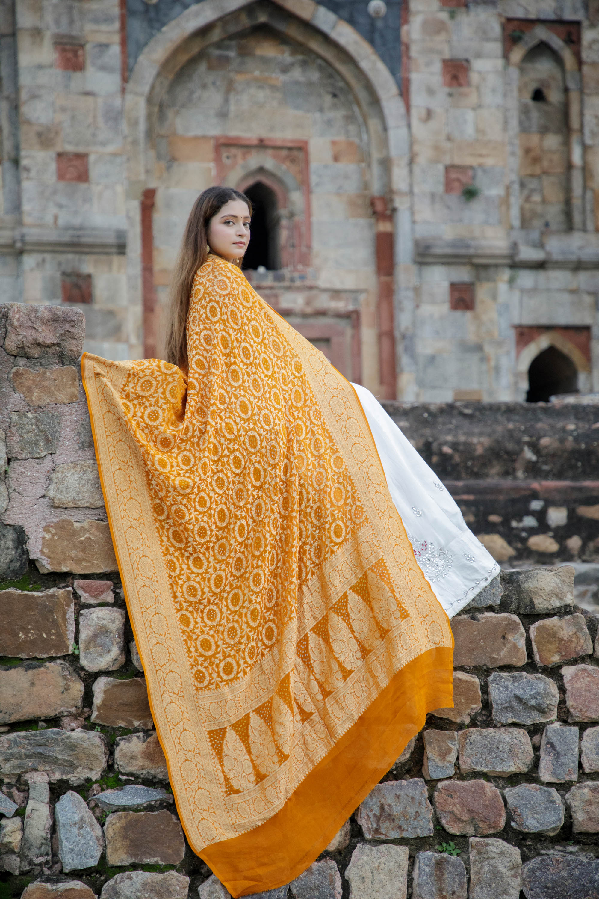 The Parampara -  Mustard Pure Georgette Bandhani Handloom Dupatta 18902