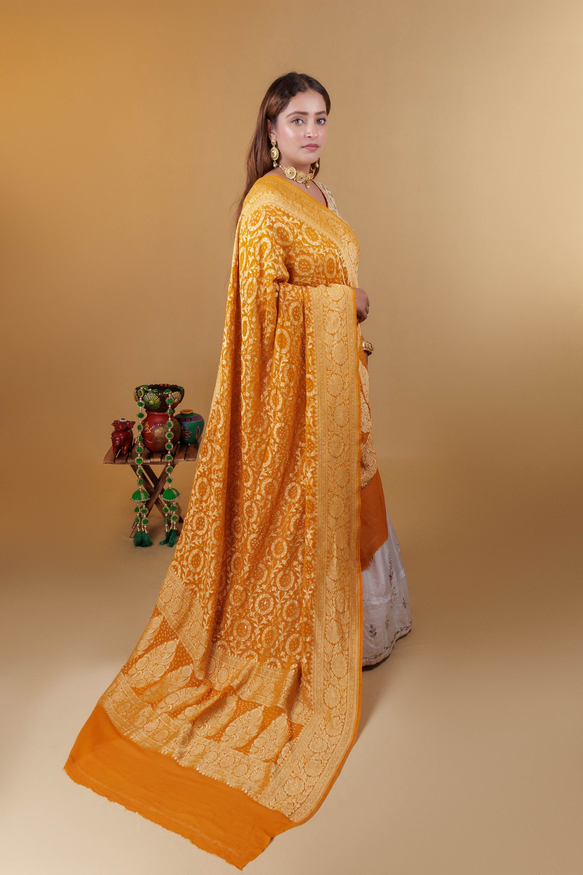 The Parampara -  Mustard Pure Georgette Bandhani Handloom Dupatta 18902