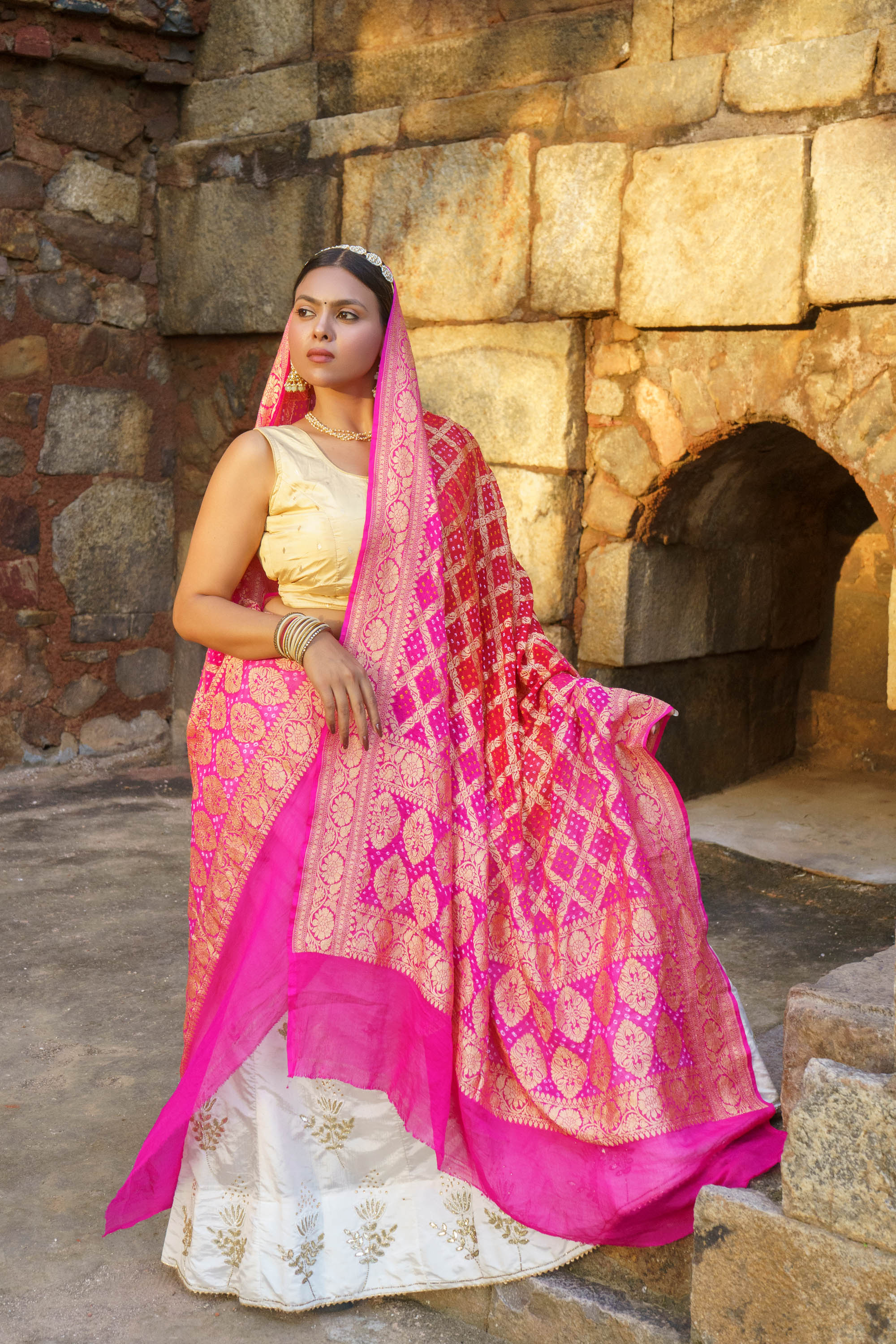 The Parampara -  Pink And Red Pure Georgette Bandhani Handloom Dupatta 18903