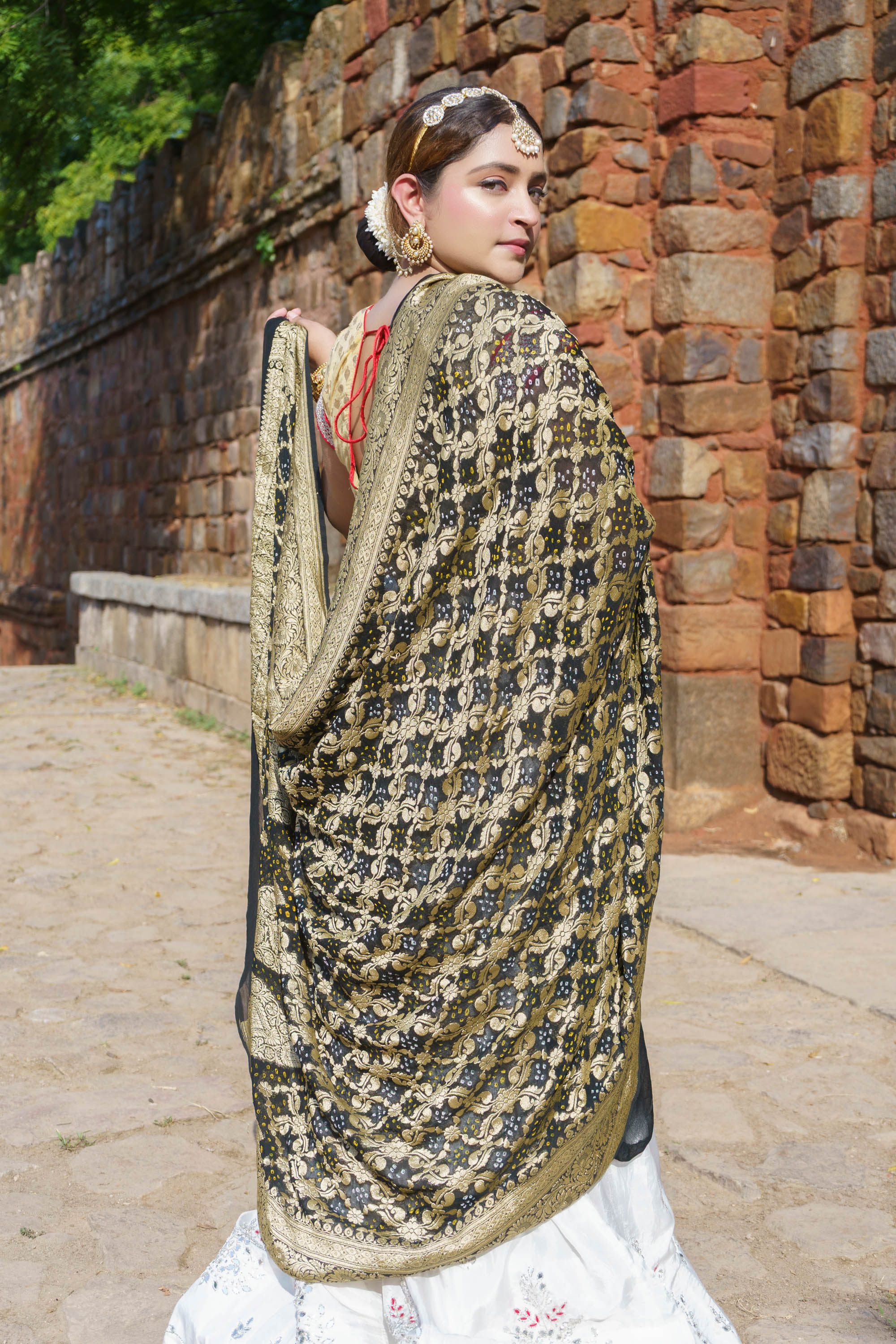 The Parampara -  Black Pure Georgette Bandhani Handloom Dupatta 18904