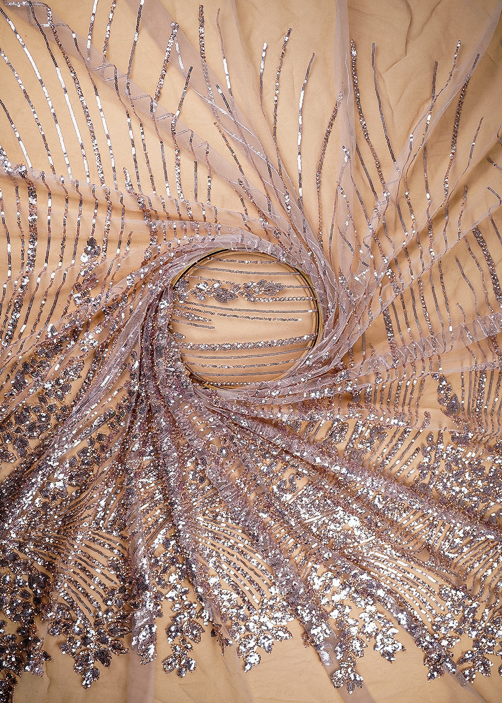 (Pre-Cut-1.6-MTR)-Pink-Net-Fabric-With-All-Over-Sequins-And-Katdana-Work-With-One-Side-Border-18905