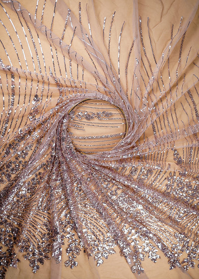 (Pre-Cut 1.6 MTR) Pink Net Fabric With All Over Sequins And Katdana Work With One Side Border 18905