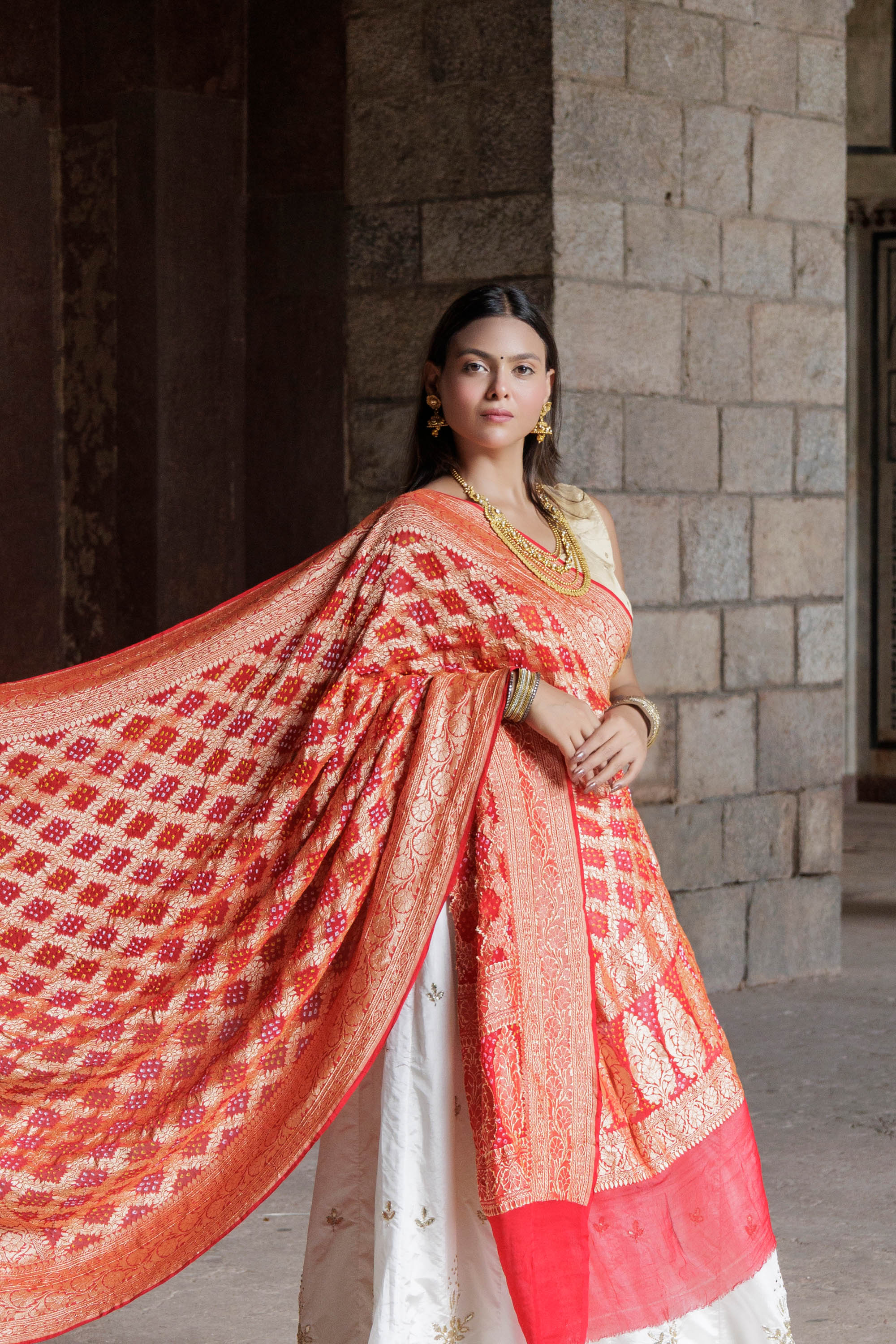The Parampara -  Red Pure Georgette Bandhani Handloom Dupatta 18906