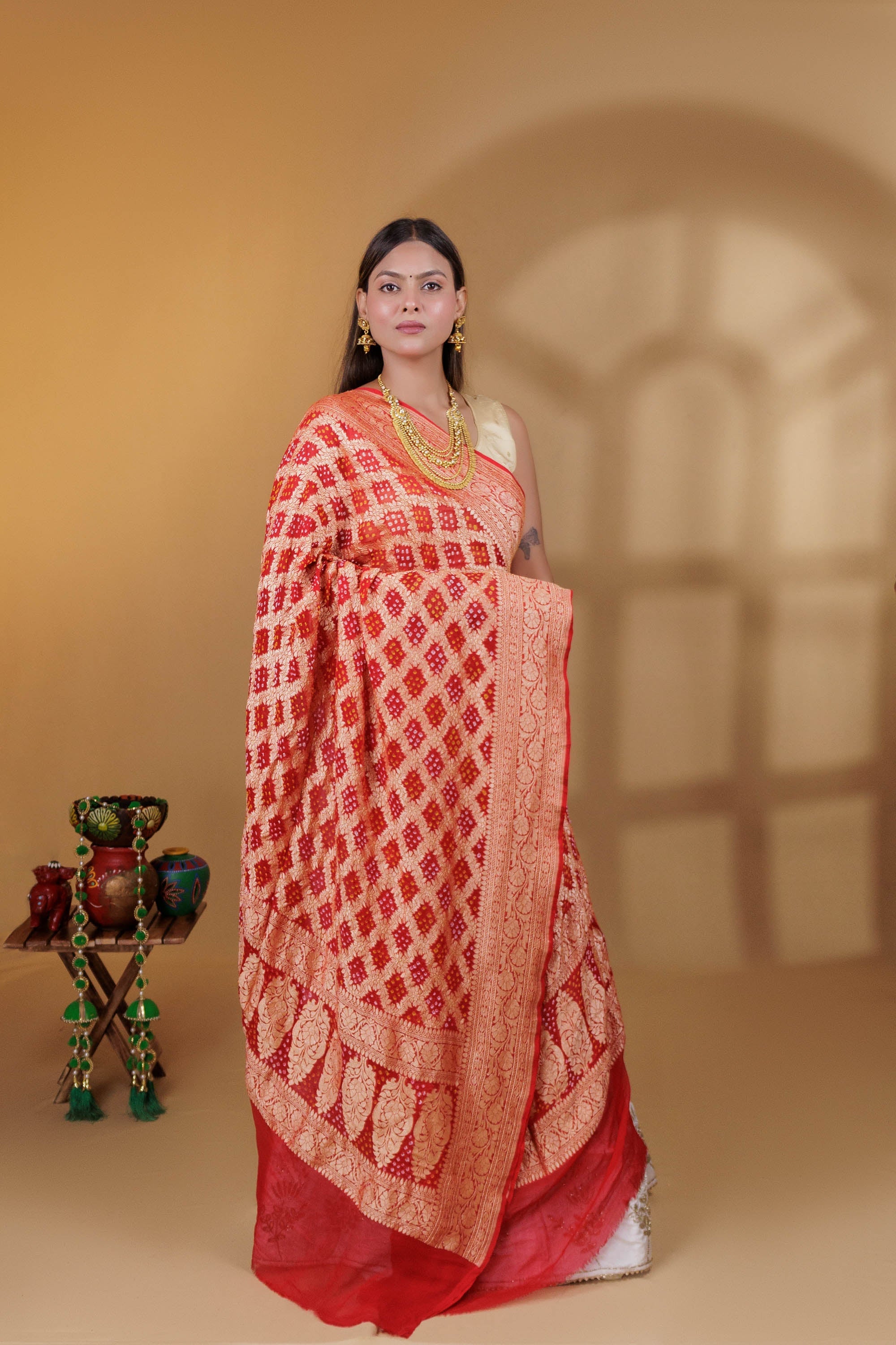 The Parampara -  Red Pure Georgette Bandhani Handloom Dupatta 18906