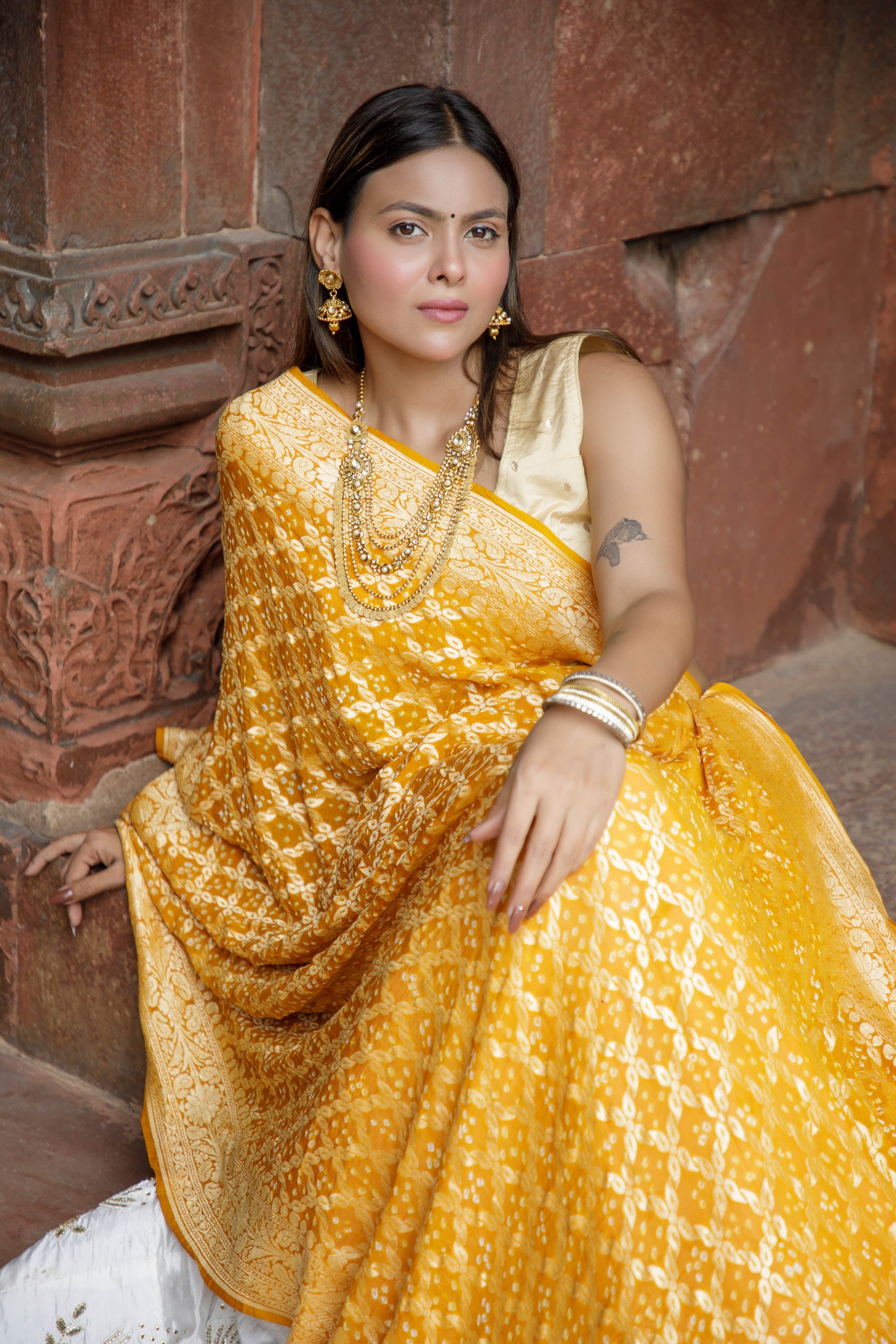 The Parampara -  Mustard Pure Georgette Bandhani Handloom Dupatta 18907