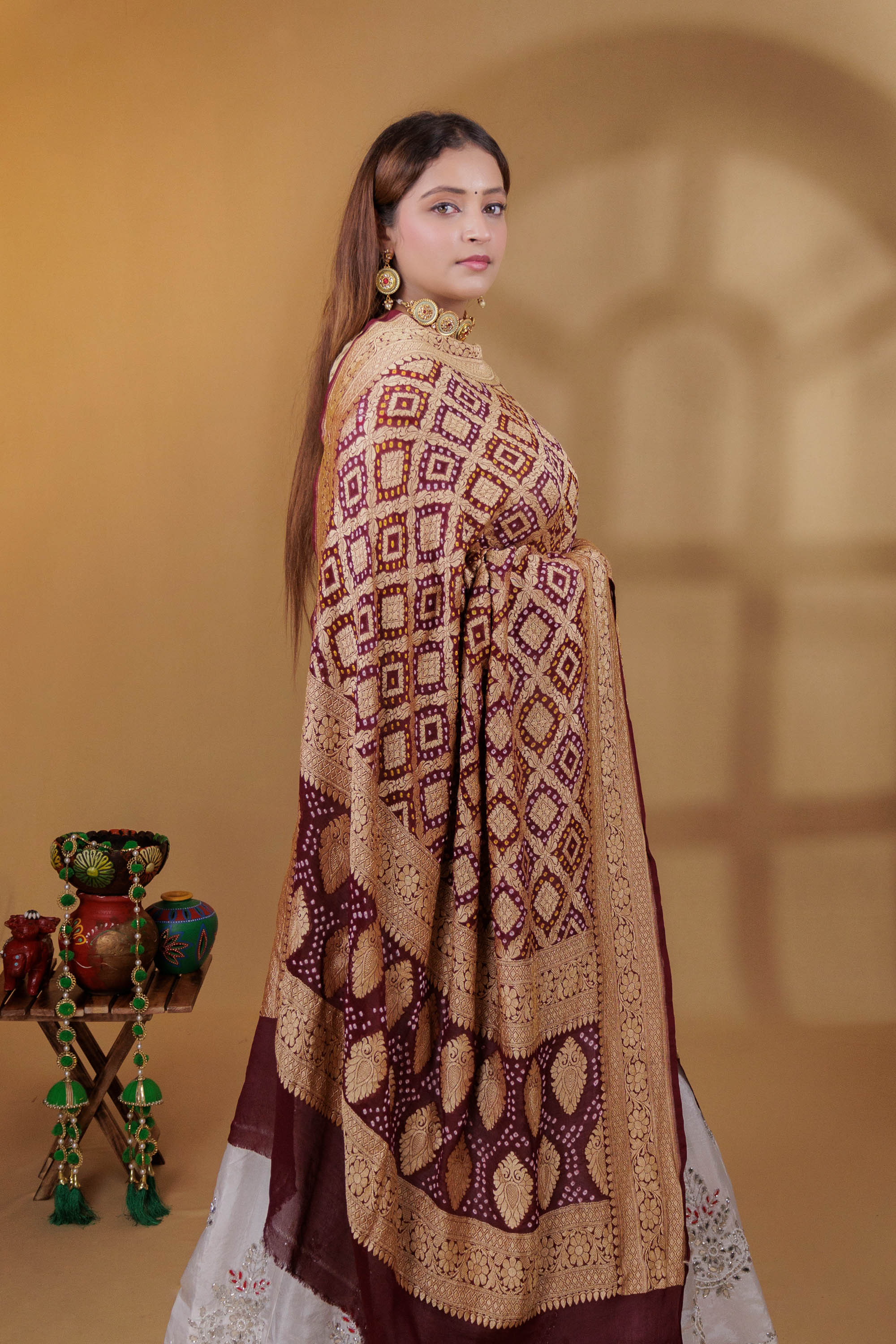 The Parampara -  Wine Pure Georgette Bandhani Handloom Dupatta 18913