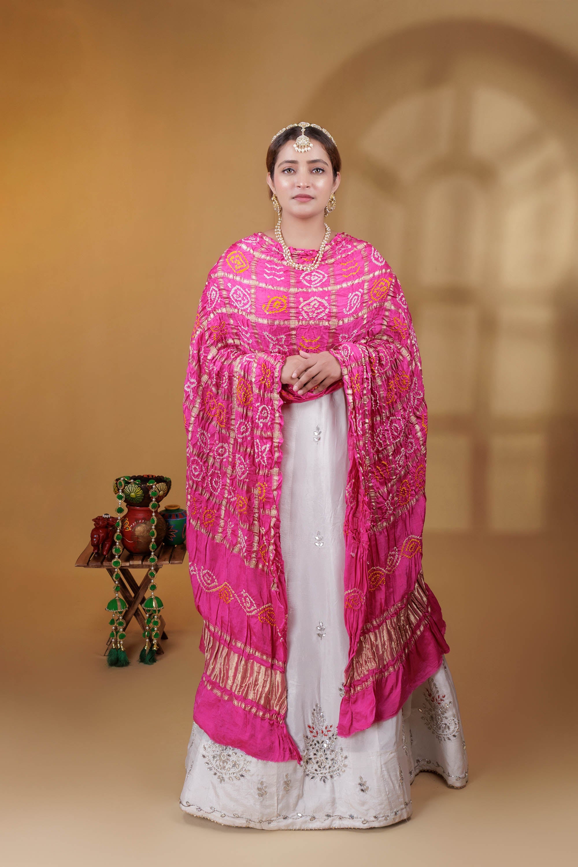 The Parampara -  Pink Pure Gharchola Satin Bandhani Handloom Dupatta 18914
