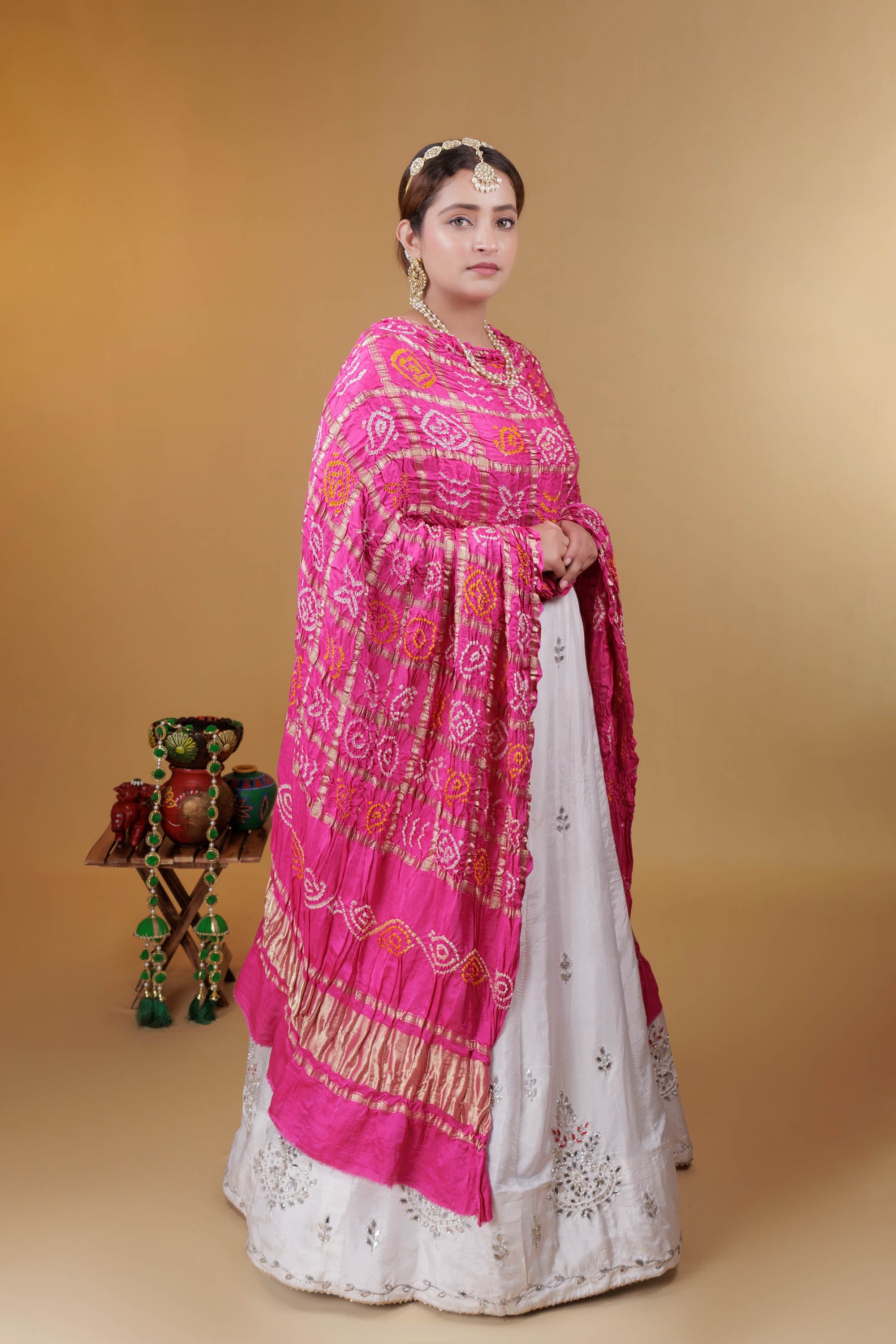The Parampara -  Pink Pure Gharchola Satin Bandhani Handloom Dupatta 18914