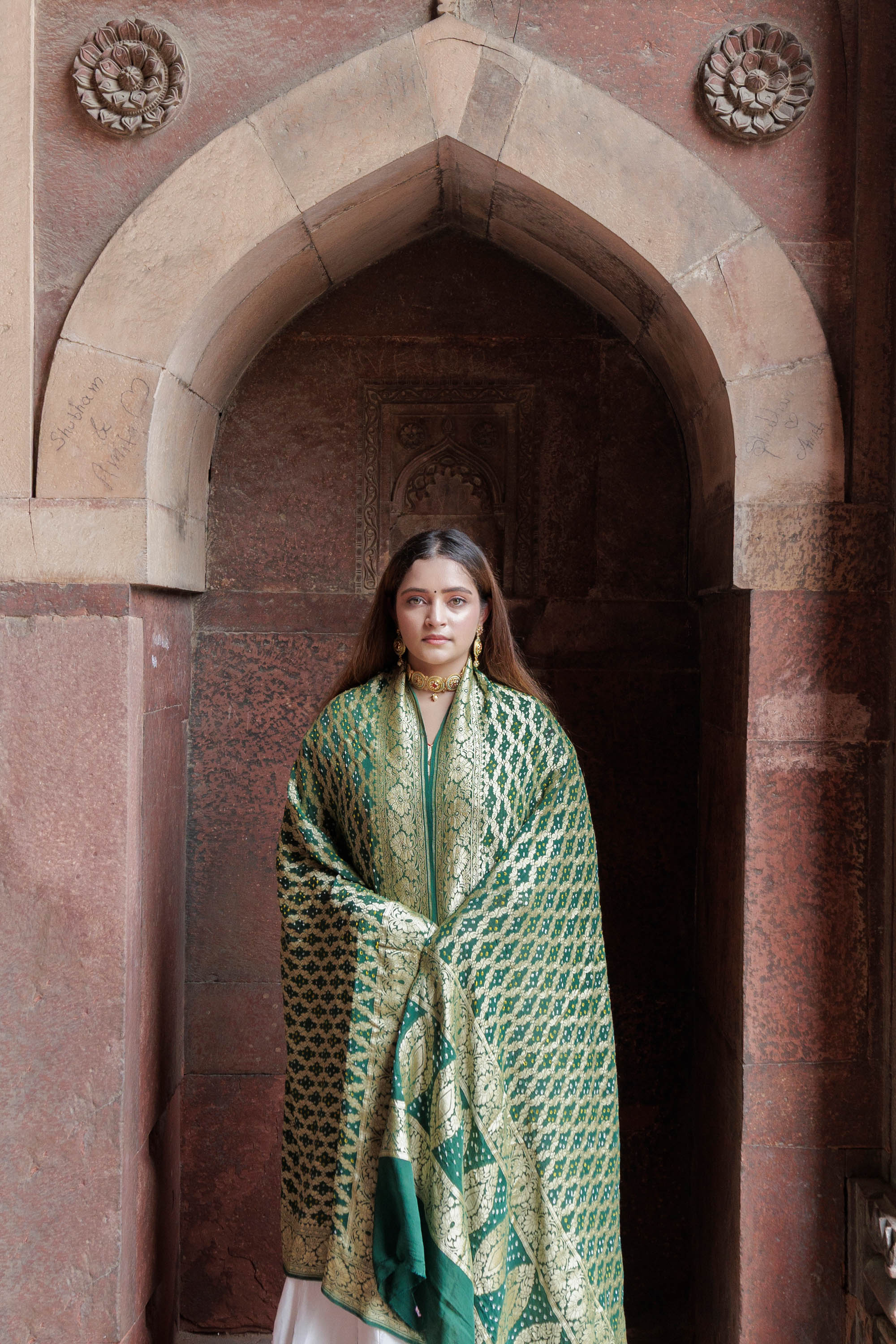 The Parampara -  Bottle Green Pure Georgette Bandhani Handloom Dupatta 18915