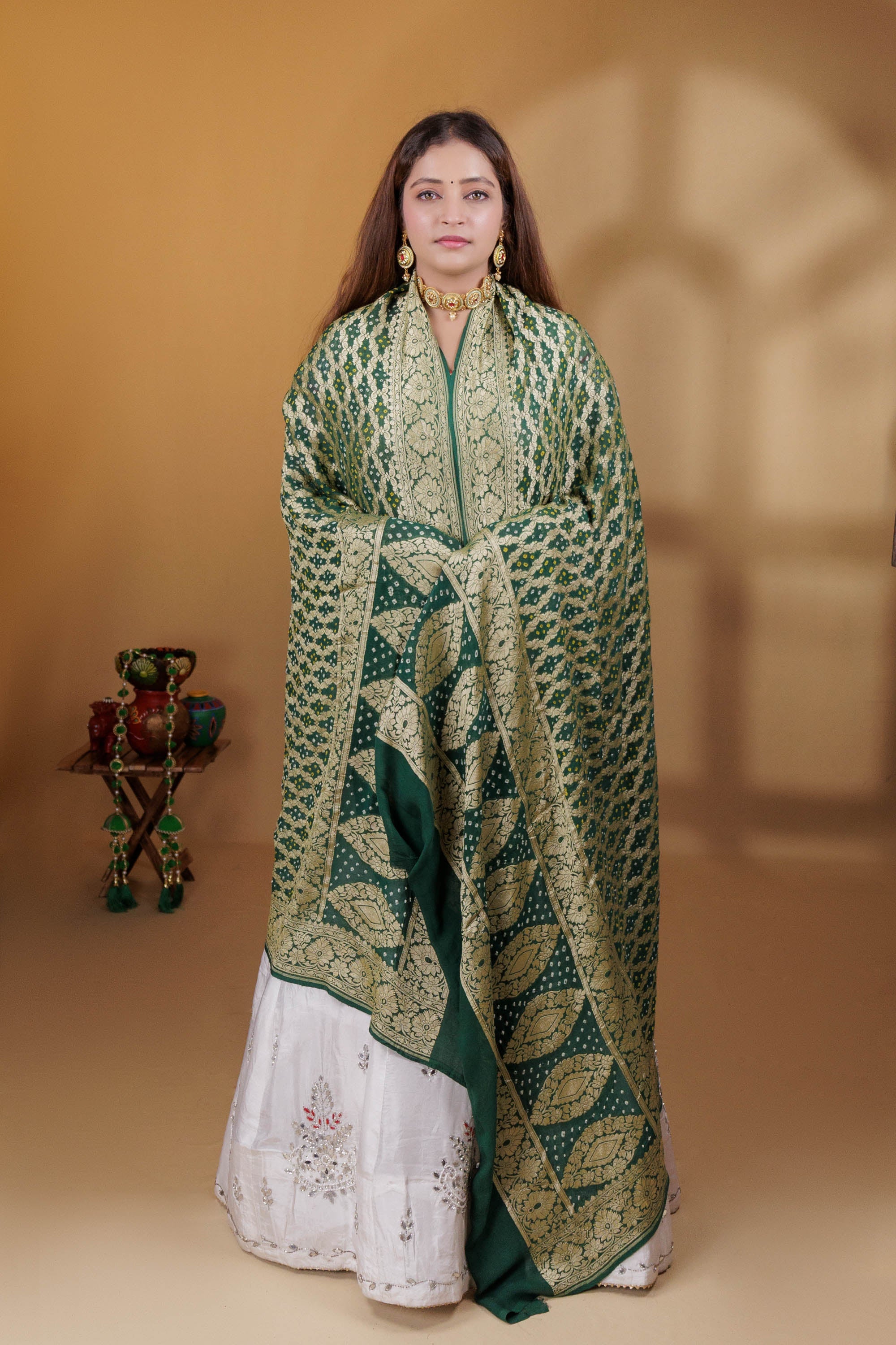 The Parampara -  Bottle Green Pure Georgette Bandhani Handloom Dupatta 18915