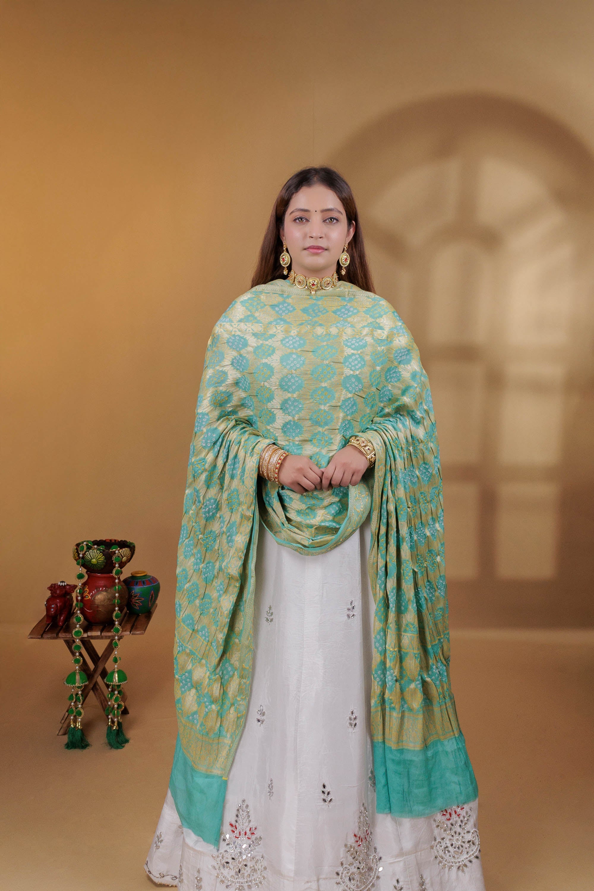 The Parampara -  Sea Green Pure Georgette Bandhani Handloom Dupatta 18916