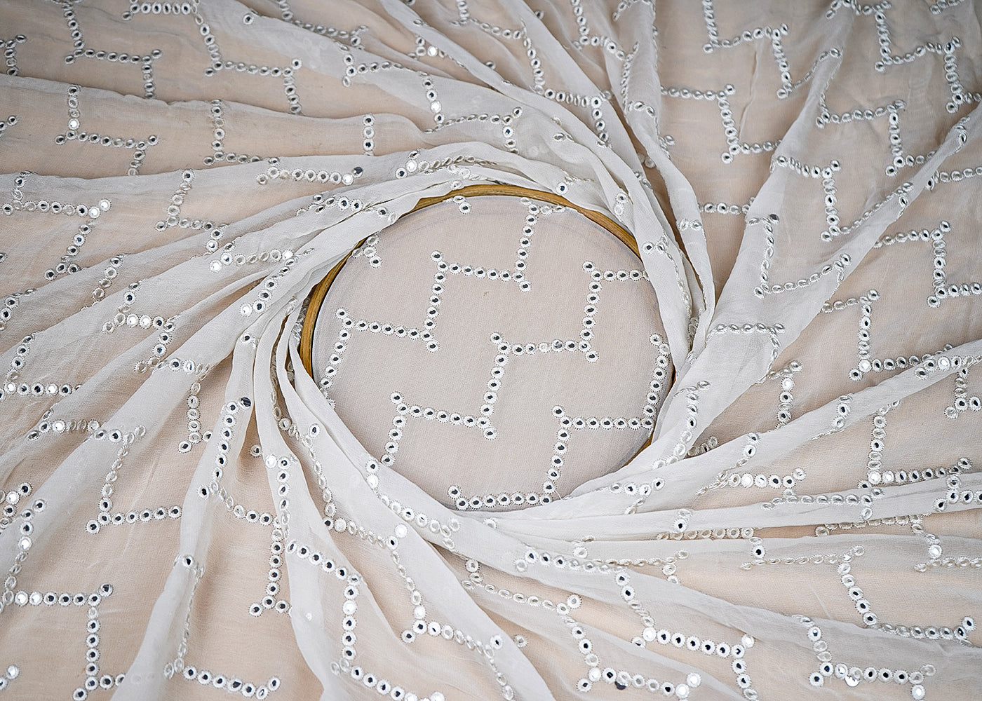 (Pre-Cut-2.4-MTR)-White-Georgette-Fabric-With-All-Over-Thread-And-Faux-Mirror-18919
