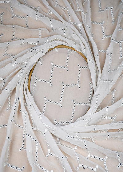 (Pre-Cut 2.4 MTR) White Georgette Fabric With All Over Thread And Faux Mirror 18919