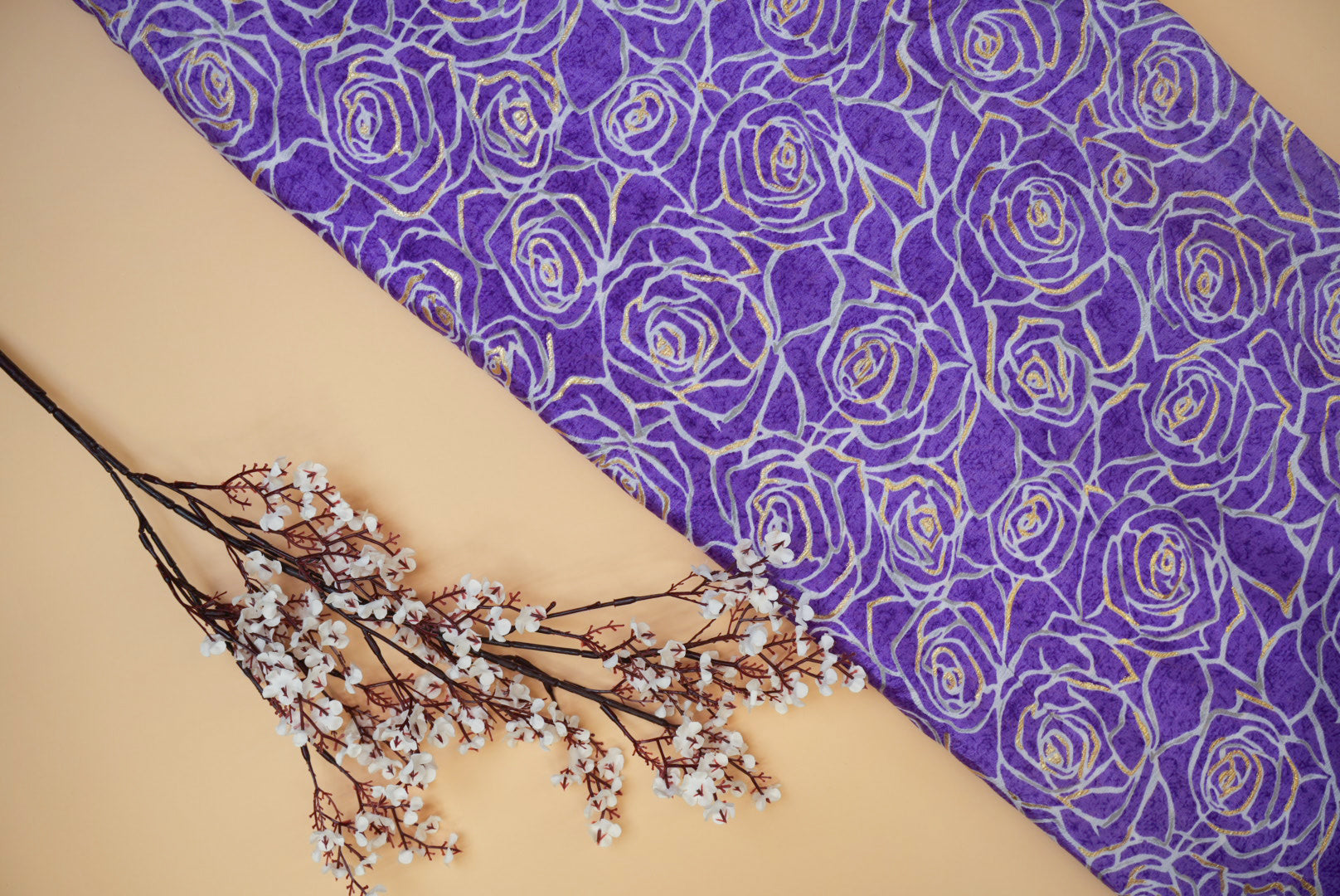 Purple Floral Digital Printed Chinnon Chiffon Fabric With Foil