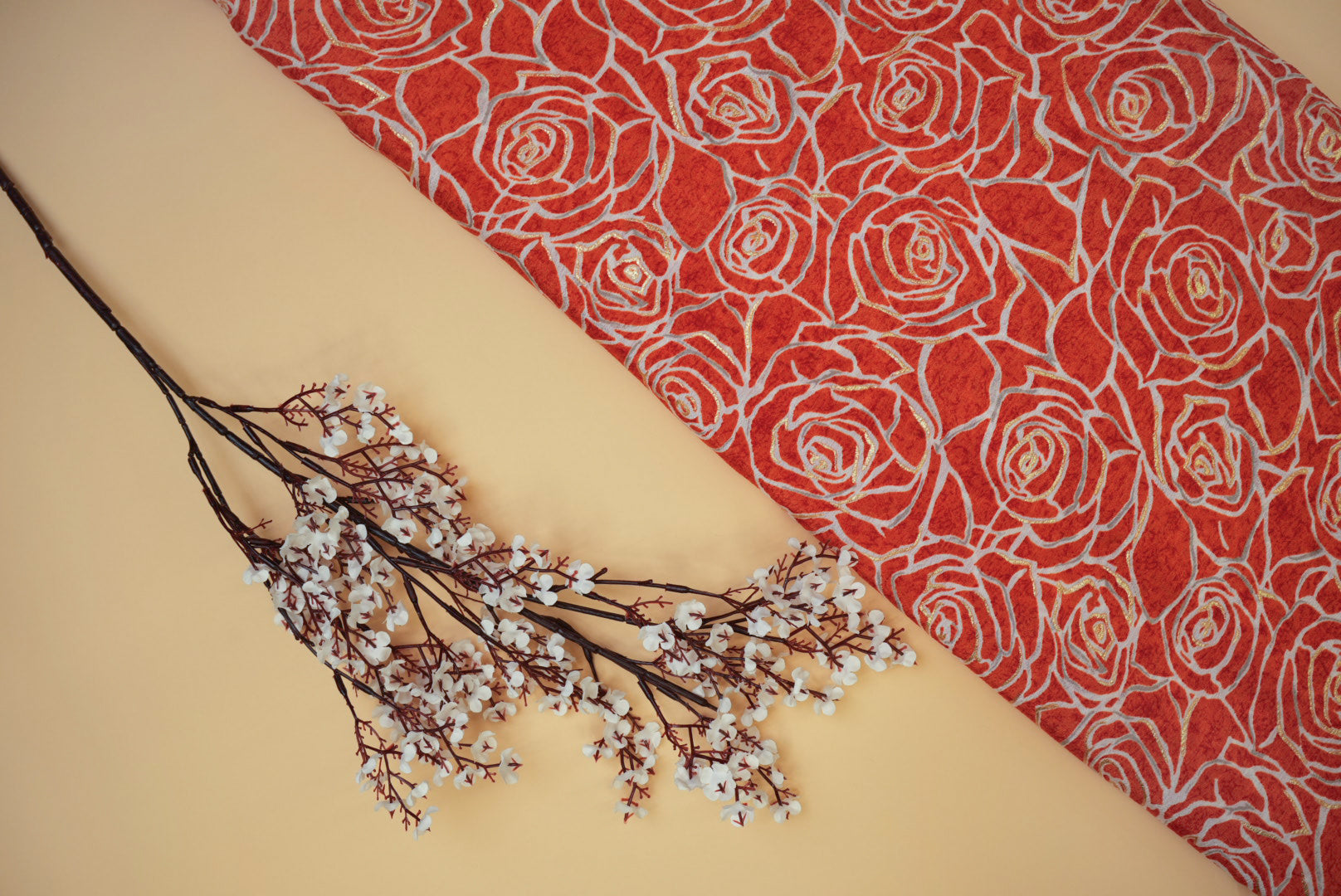 Orange Floral Digital Printed Chinnon Chiffon Fabric With Foil