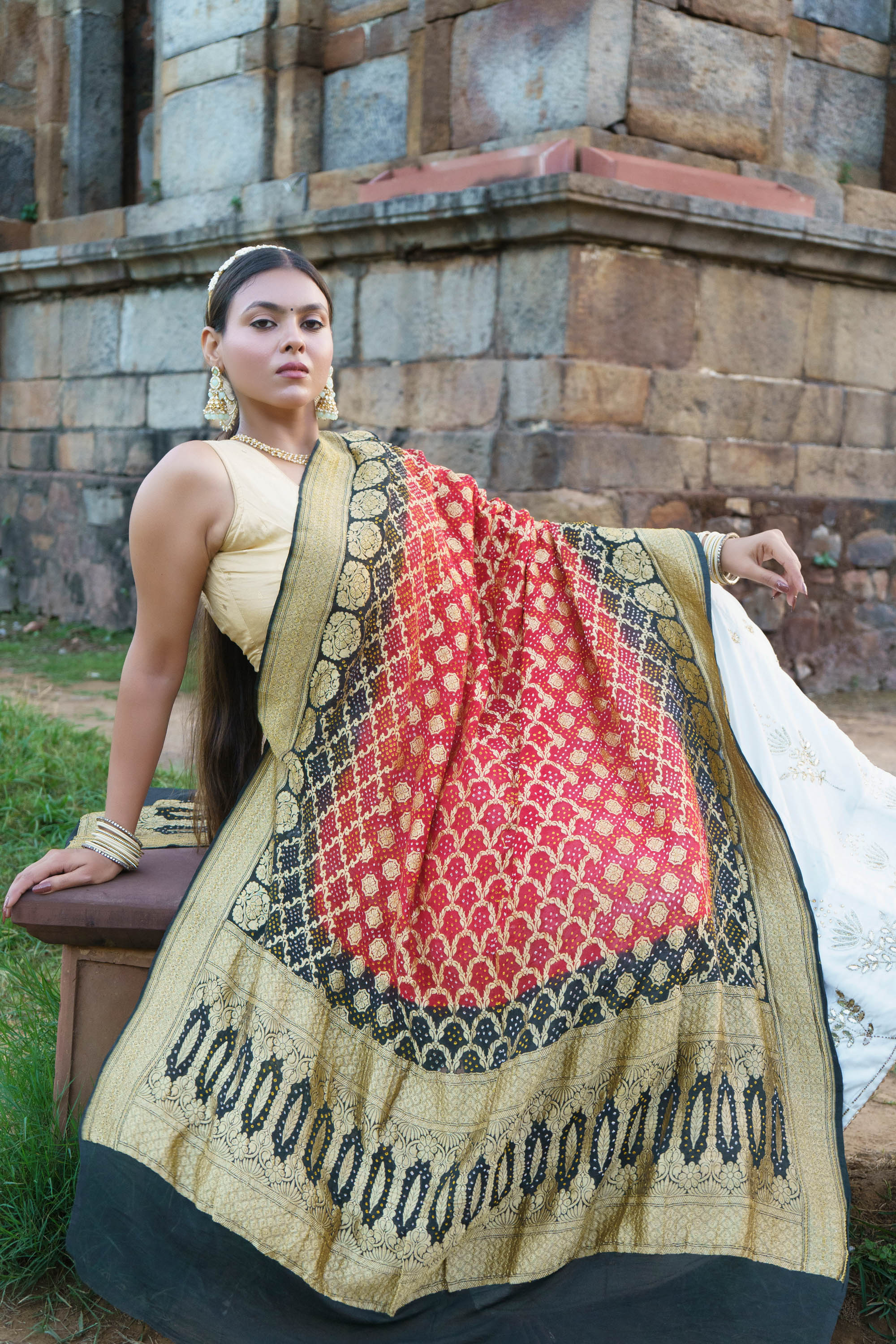 The Parampara -  Black And Maroon Pure Georgette Bandhani Handloom Dupatta 18920