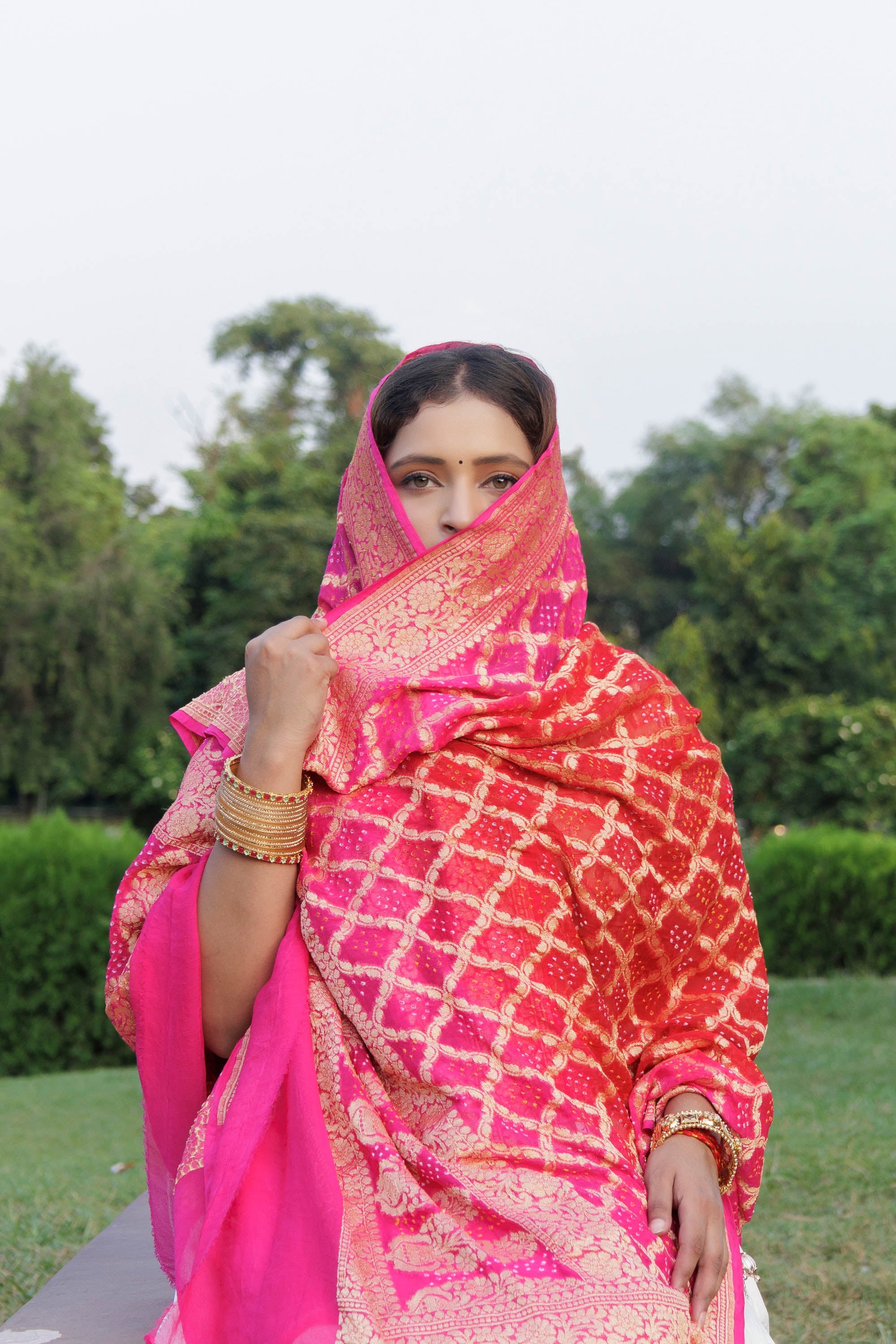 The Parampara -  Red And Pink Pure Georgette Bandhani Handloom Dupatta 18923