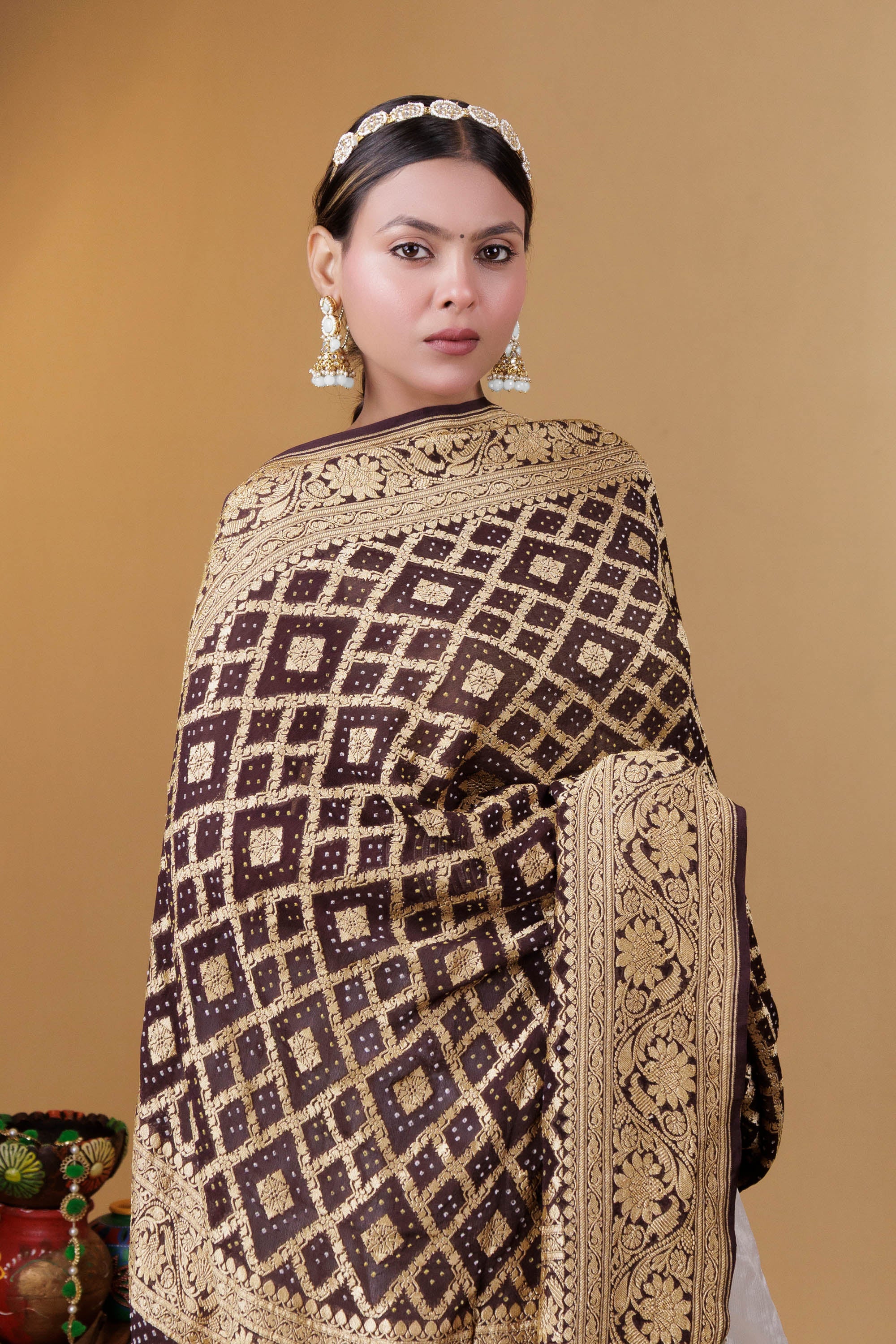 The Parampara -  Brown Pure Georgette Bandhani Handloom Dupatta 18924