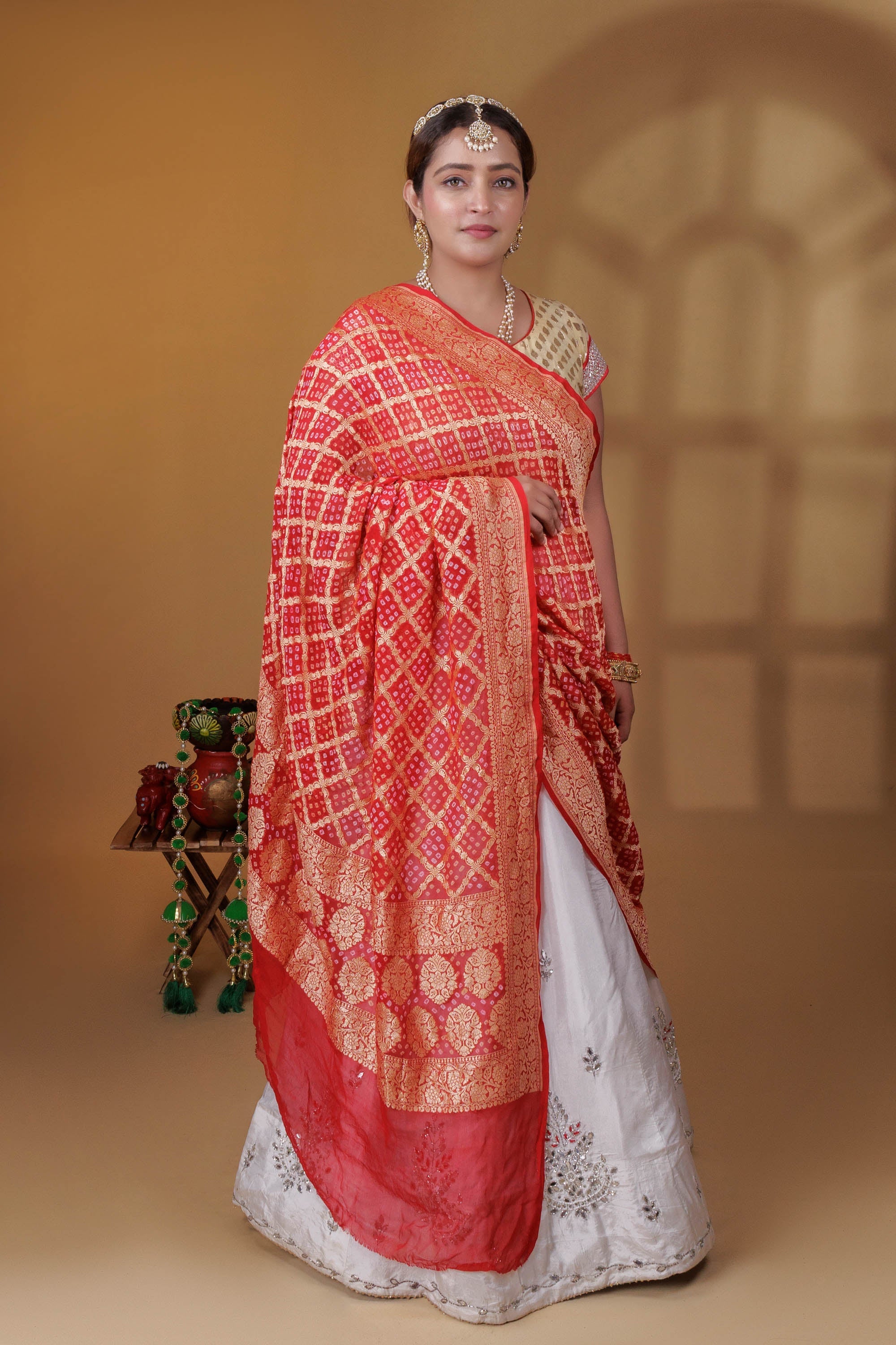 The Parampara -  Red Pure Georgette Bandhani Handloom Dupatta 18925