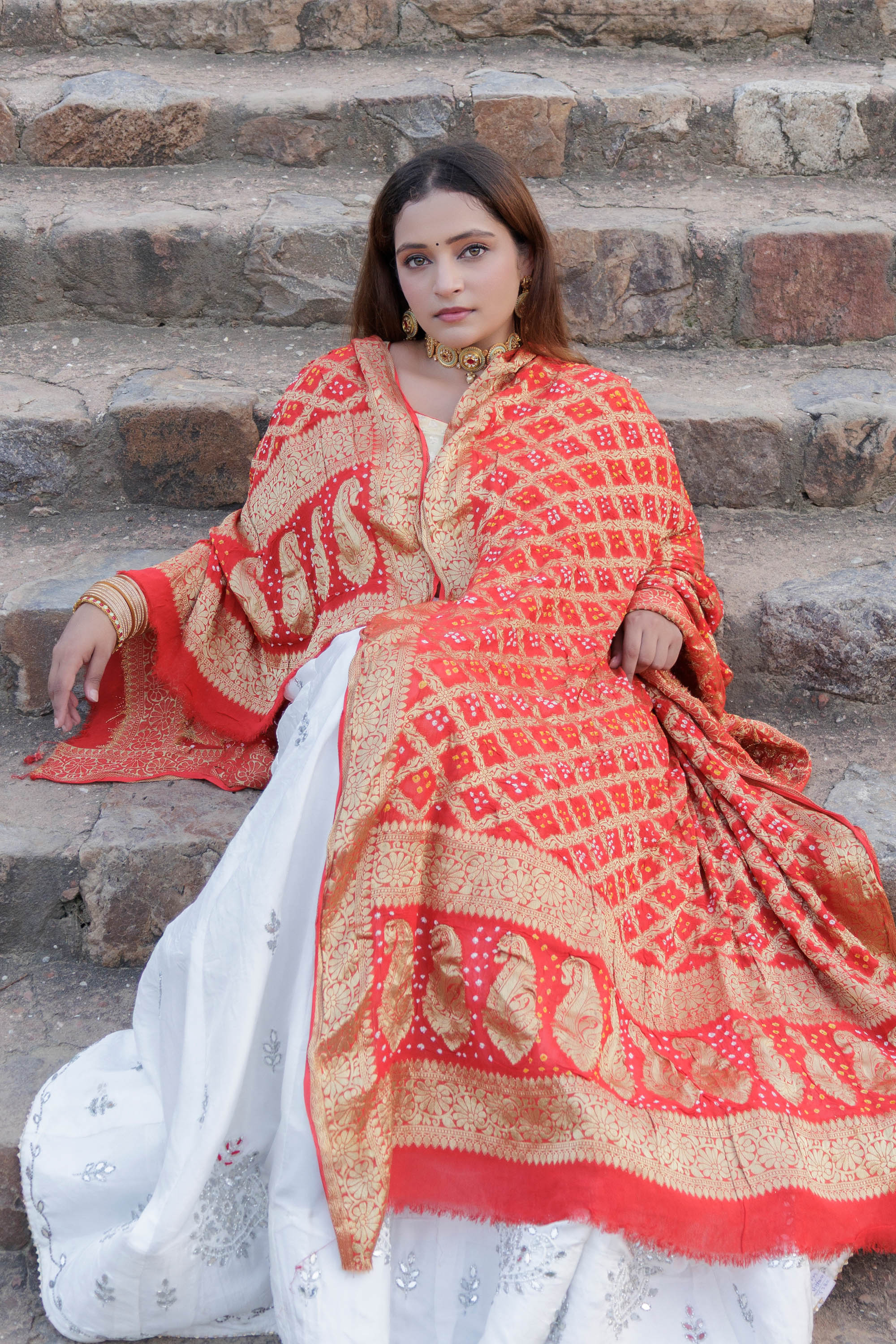 The Parampara -  Rust Pure Georgette Bandhani Handloom Dupatta 18927