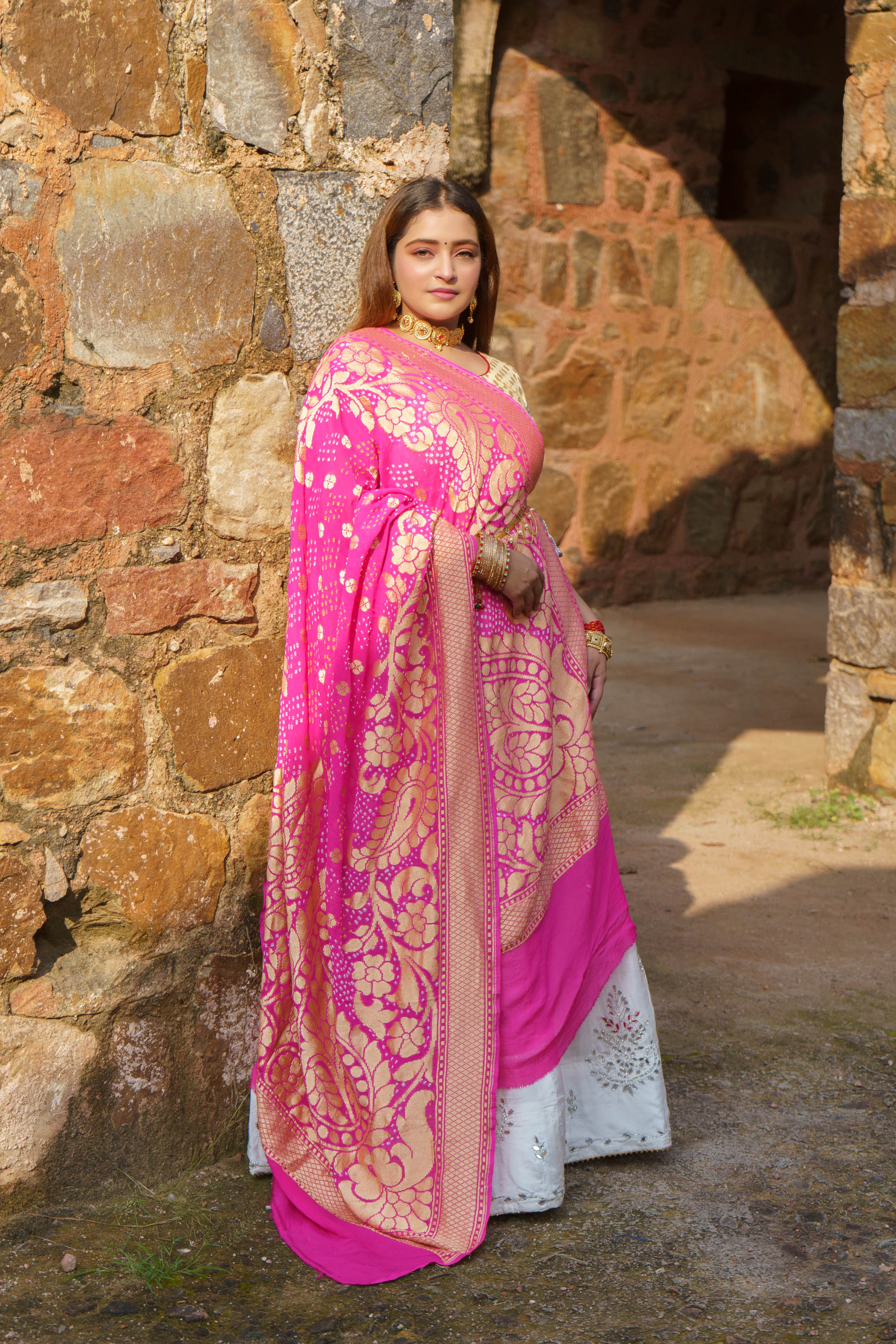 The Parampara -  Barbie Pink Pure Georgette Bandhani Handloom Dupatta 18928