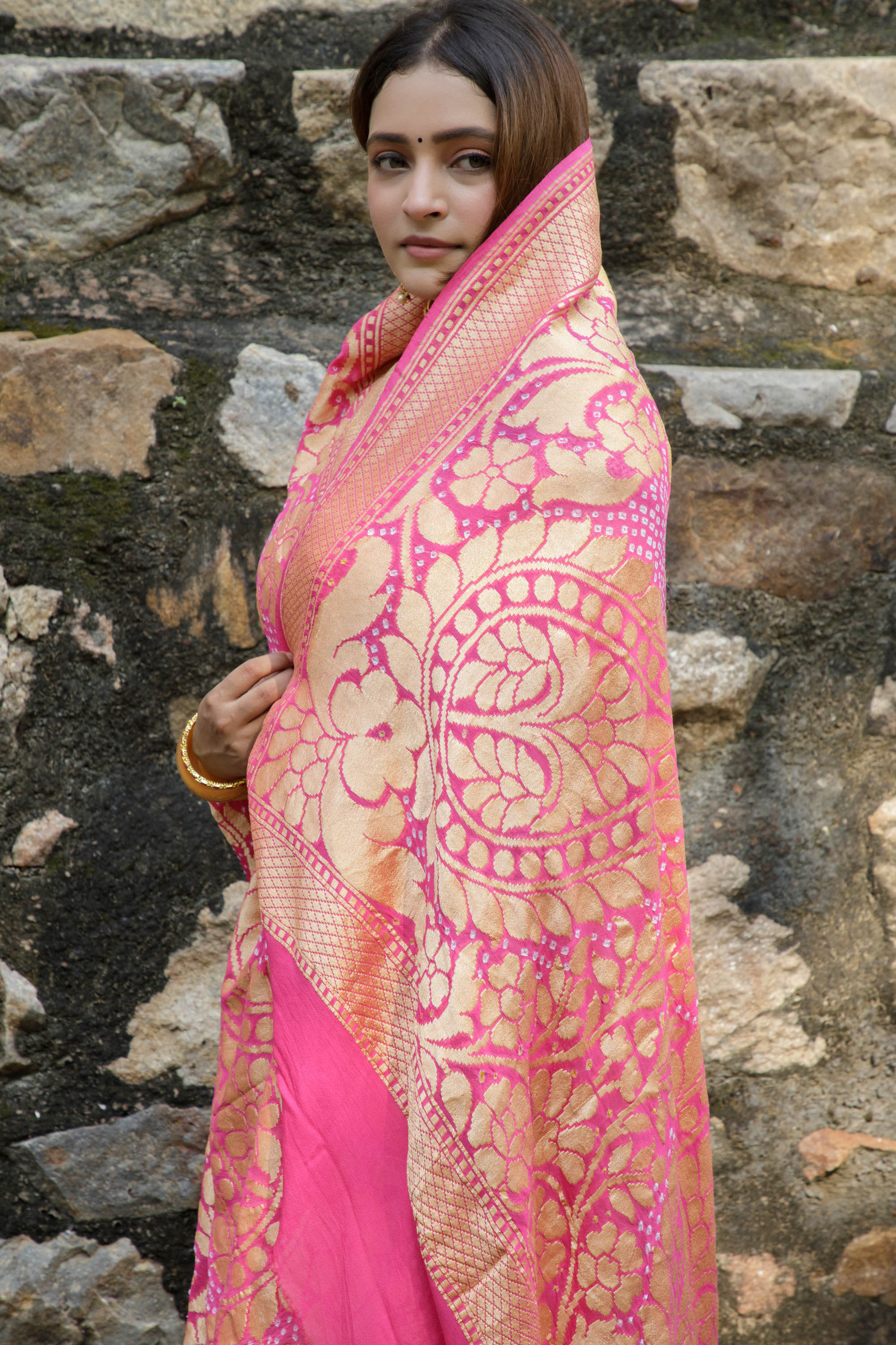 The Parampara -  Barbie Pink Pure Georgette Bandhani Handloom Dupatta 18928