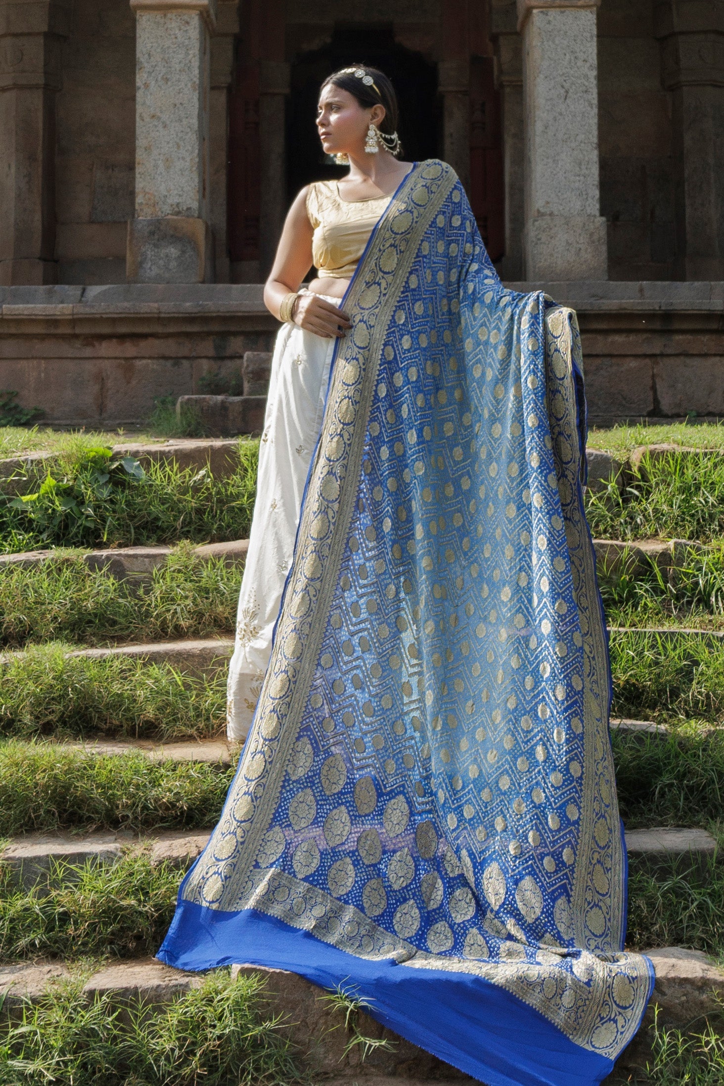 The Parampara -  Powder Blue And Royal Blue Pure Georgette Bandhani Handloom Dupatta 18929
