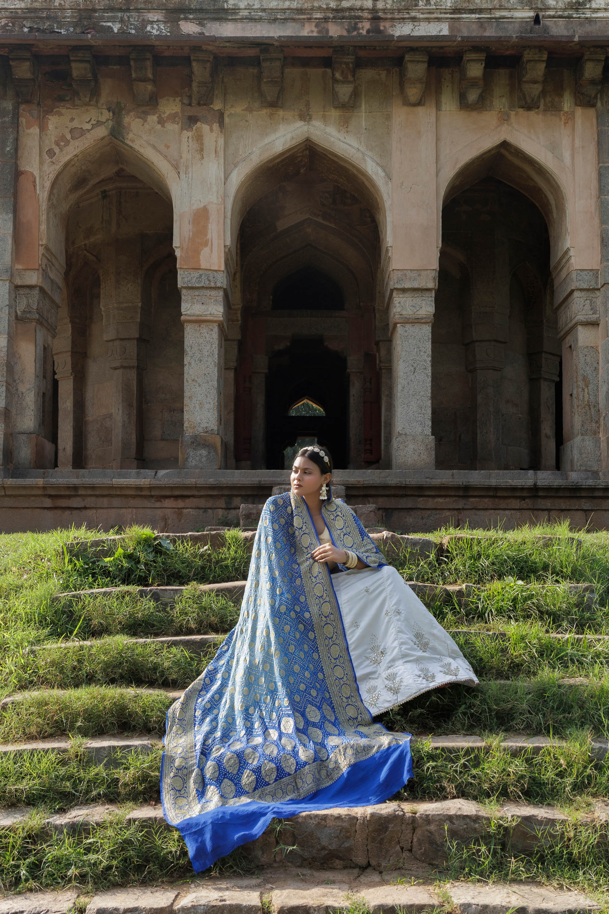 The Parampara -  Powder Blue And Royal Blue Pure Georgette Bandhani Handloom Dupatta 18929