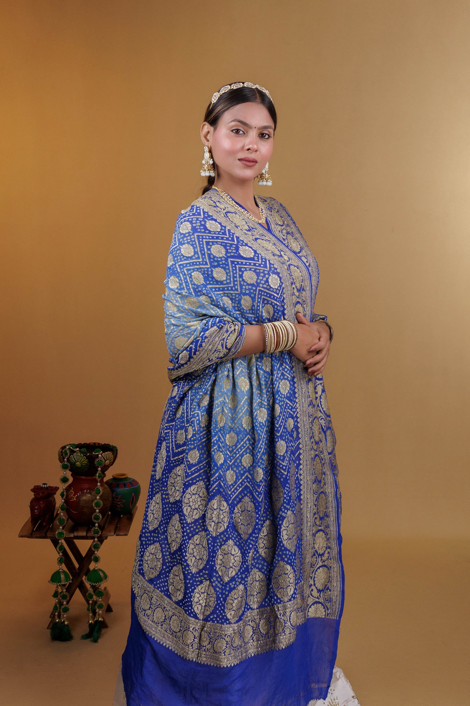 The Parampara -  Powder Blue And Royal Blue Pure Georgette Bandhani Handloom Dupatta 18929