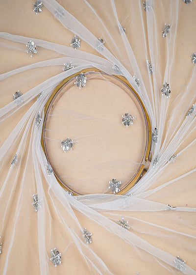 (Pre-Cut 2.85 MTR) White Net Fabric With All Over Katdana And Sequins Work 18941