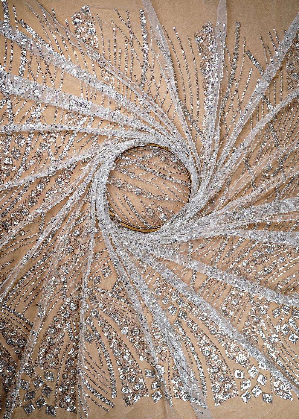 (Pre-Cut 1.25 MTR) White Net Fabric With All Over Sequins Work 18942