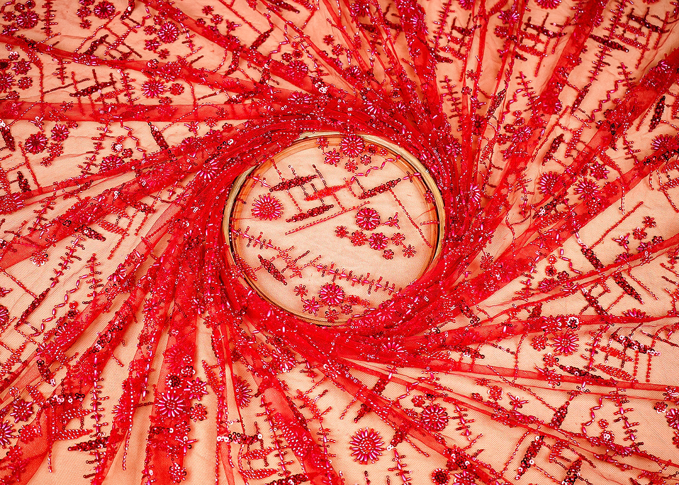 (Pre-Cut-1.6-MTR)-Red-Net-Fabric-With-All-Over-Katdana-And-Sequins-Work-18945
