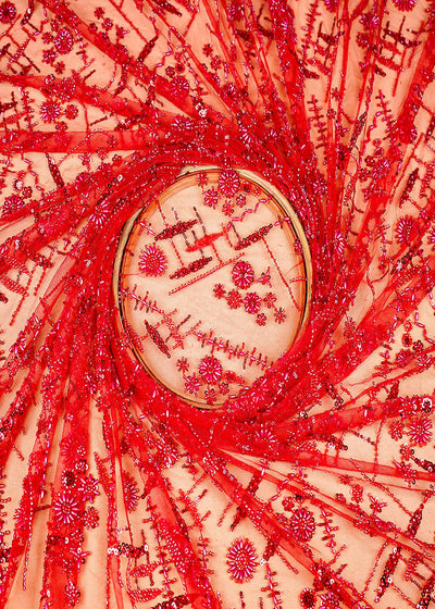 (Pre-Cut 1.6 MTR) Red Net Fabric With All Over Katdana And Sequins Work 18945