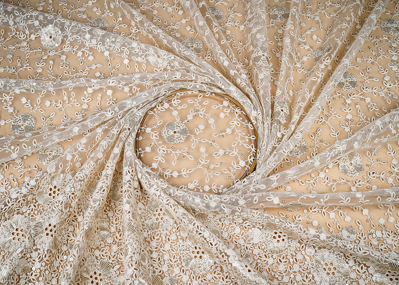 (Pre-Cut-1.5-MTR)-White-Net-Fabric-With-All-Over-Thread-And-Sequins-Work-With-One-Side-Cutwork-Border-18948