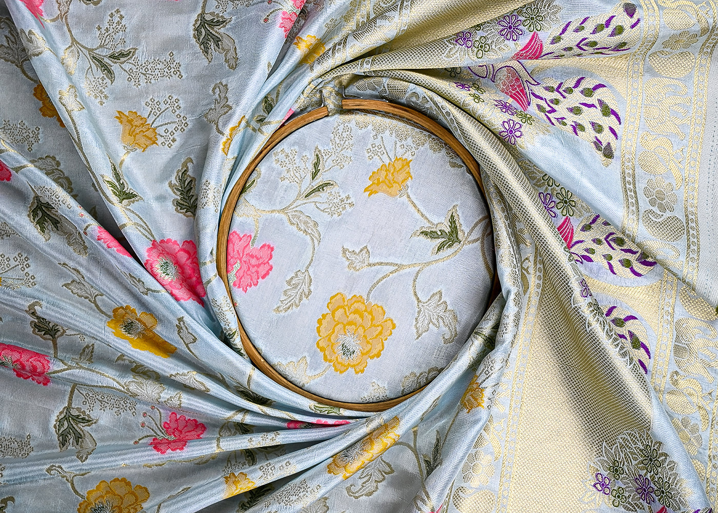 (Pre-Cut-1-MTR)-Light-Blue-Banarasi-Silk-Fabric-With-All-Over-Thread-And-Zari-Handloom-18951