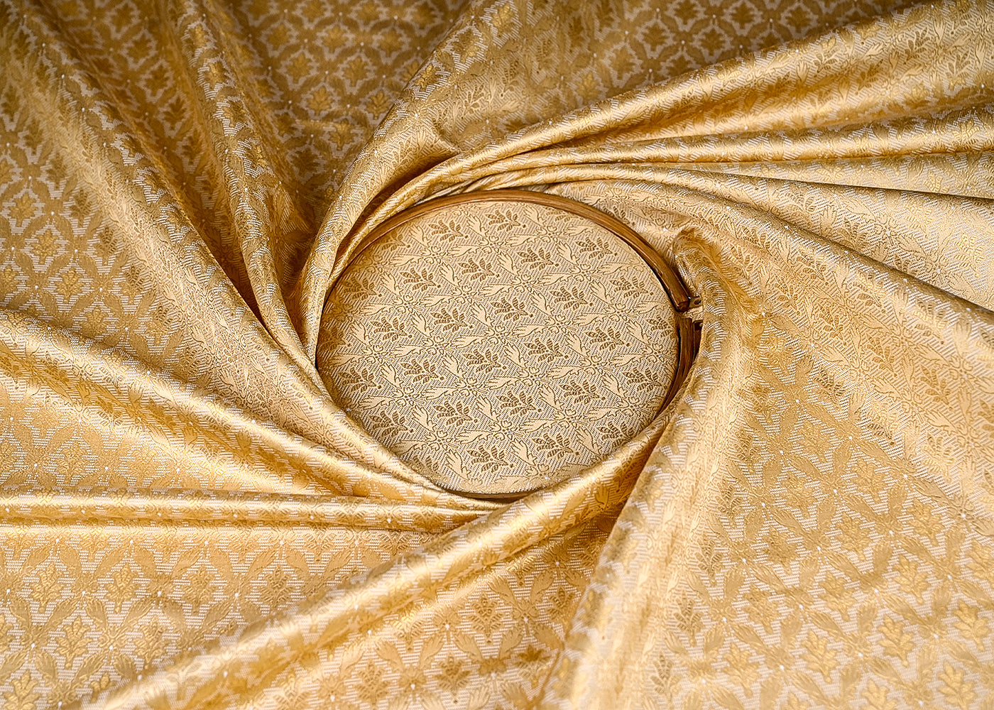 (Pre-Cut-1.5-MTR)-Golden-Satin-Fabric-With-All-Over-Zari-Handloom-18954