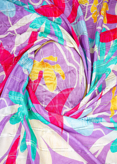 (Pre-Cut 5 MTR) Lavender Chinon Chiffon Fabric With All Over Multi Color Print And Zari Work 18968