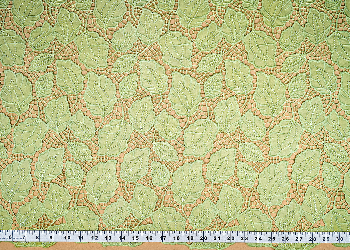 (Pre-Cut 2 MTR) Green Crepe Fabric With All Over Thread, Beads And Cutwork With Scalloped Edges 18970