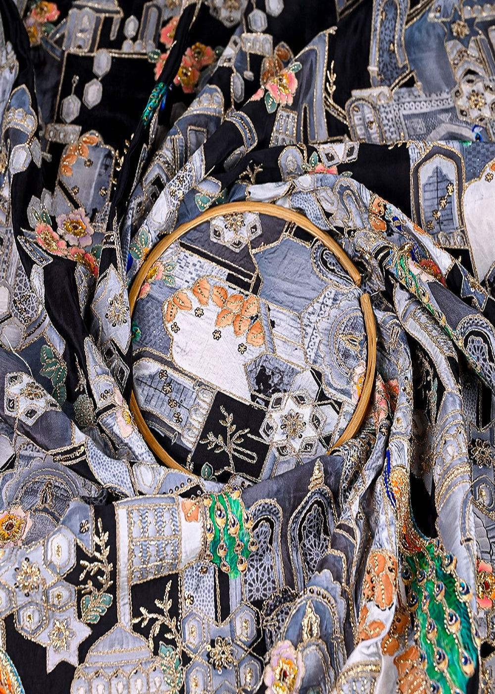(Pre-Cut-1.3-MTR)-Black-Crepe-Fabric-With-All-Over-Zari-And-Sequins-Work-With-One-Side-Border-18973