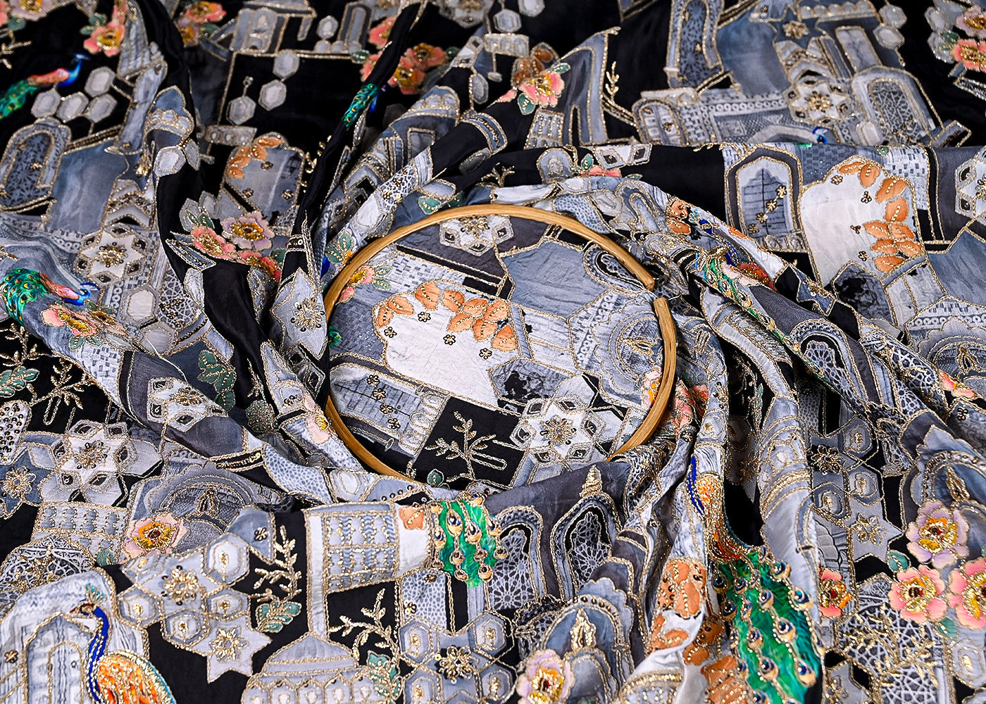 (Pre-Cut 1.3 MTR) Black Crepe Fabric With All Over Zari And Sequins Work With One Side Border 18973