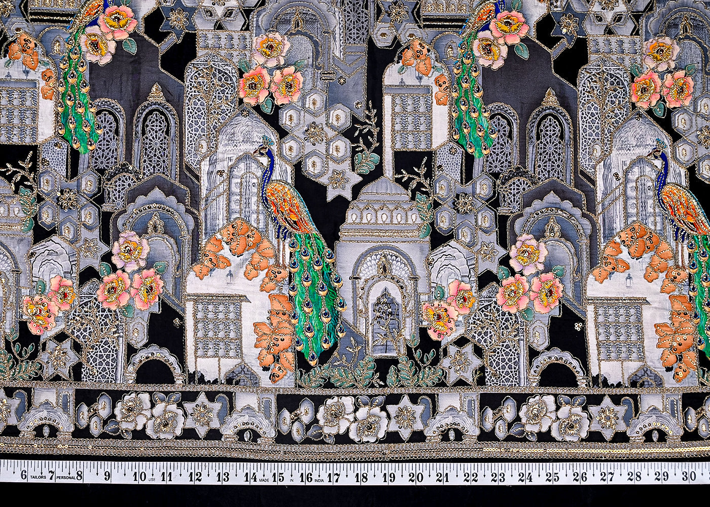(Pre-Cut 1.3 MTR) Black Crepe Fabric With All Over Zari And Sequins Work With One Side Border 18973