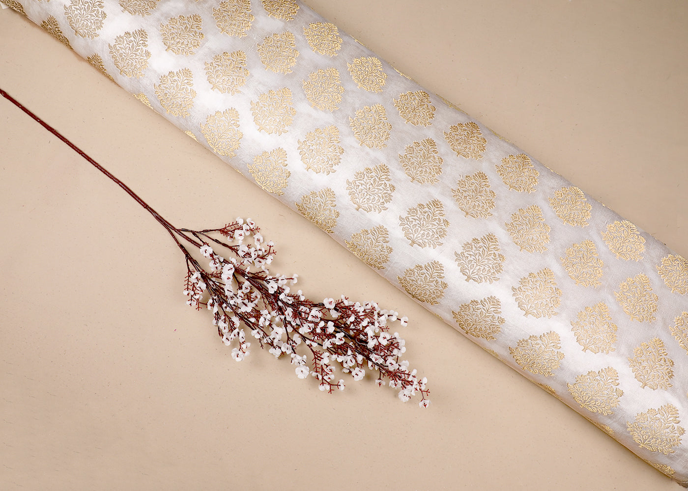 White Upada Silk Fabric With All Over Zari Handloom 19001