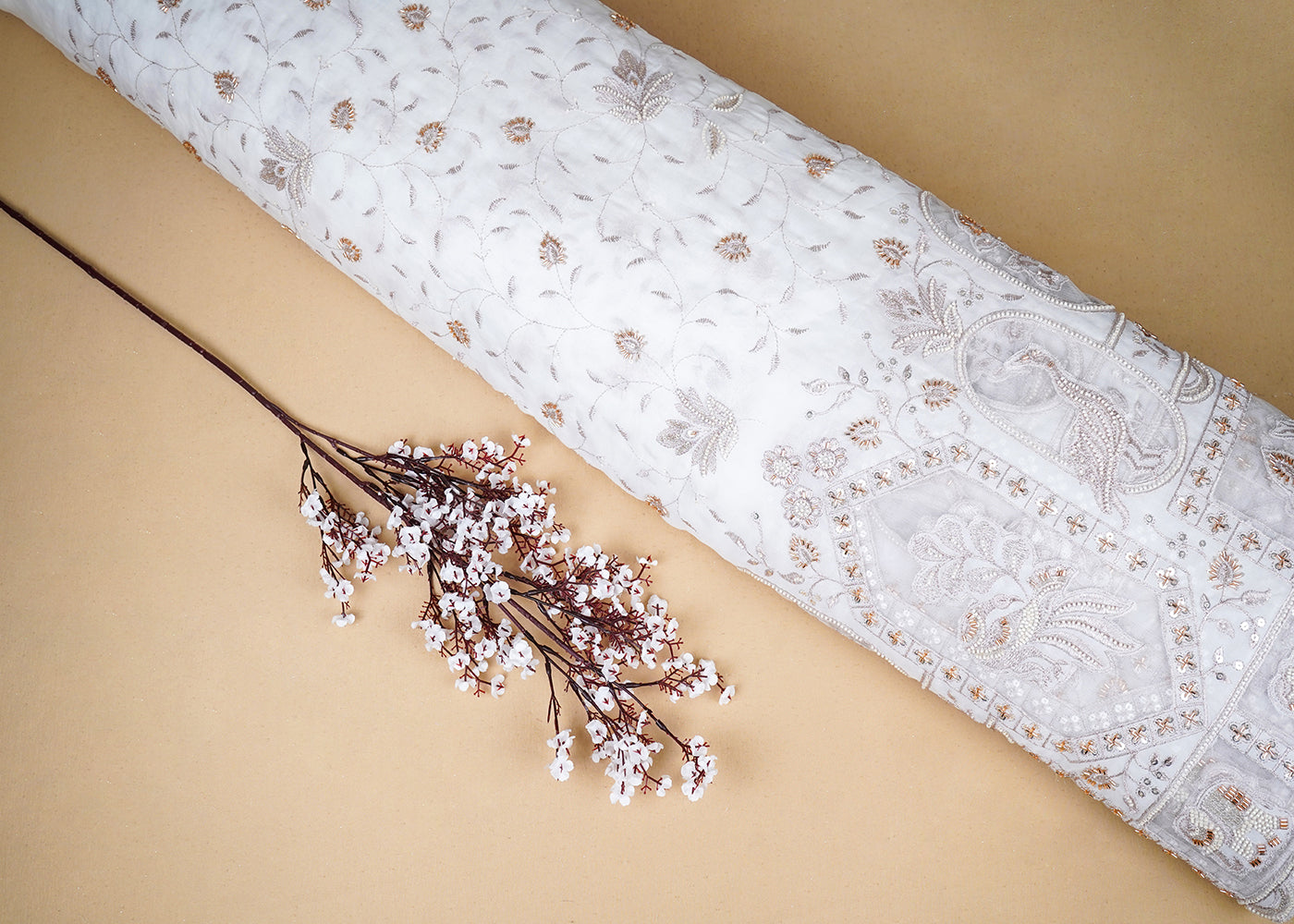 White Georgette Fabric With All Over Katdana, Sequins, Zari And One Side Net Cutwork Border 19004