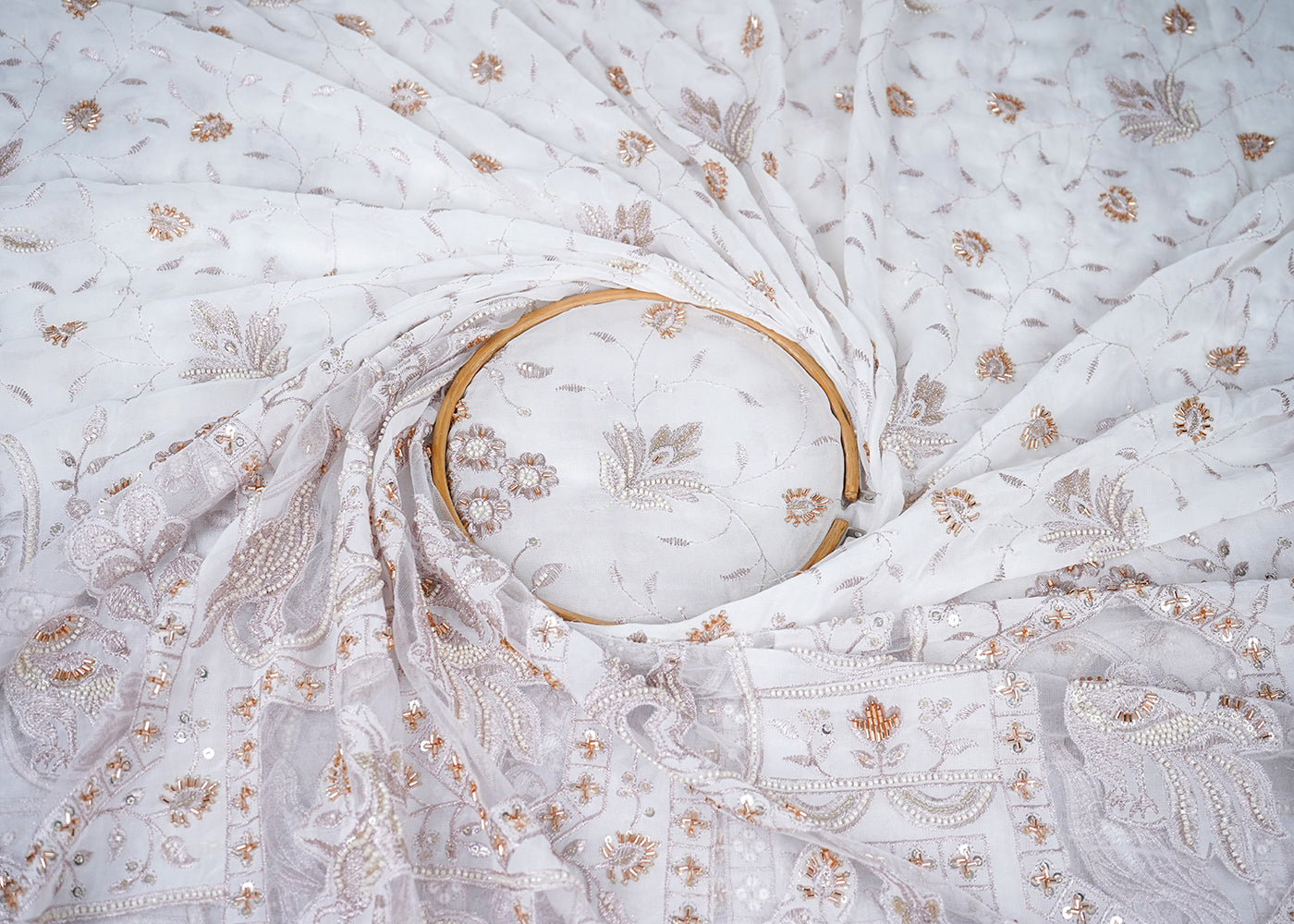 White Georgette Fabric With All Over Katdana, Sequins, Zari And One Side Net Cutwork Border 19004
