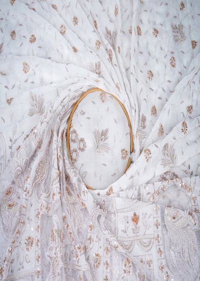 White Dyeable Georgette Fabric With All Over Katdana, Sequins, Zari And One Side Net Cutwork Border 19004