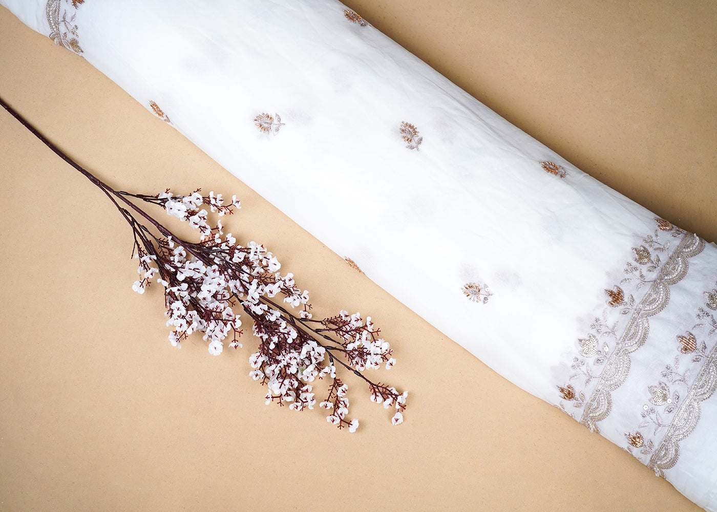 White Georgette Fabric With All Over Katdana, Sequins, Zari And Two Side Border 19005