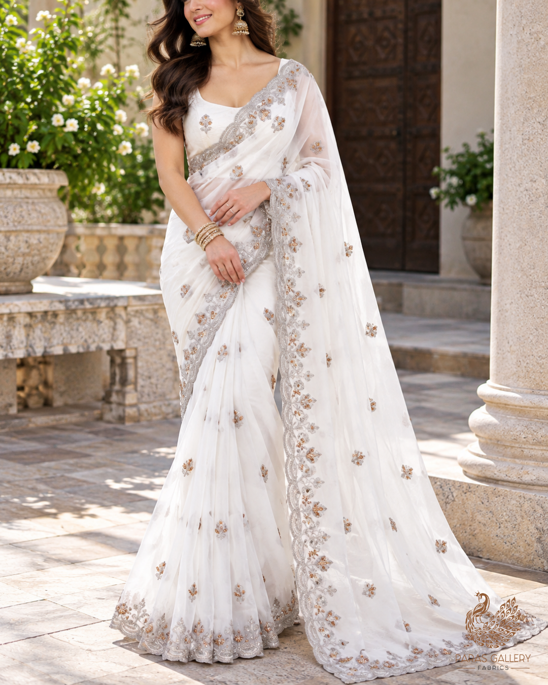 White Dyeable Georgette Dupatta Fabric With All Over Katdana, Sequins, Zari And Two Side Border 19005
