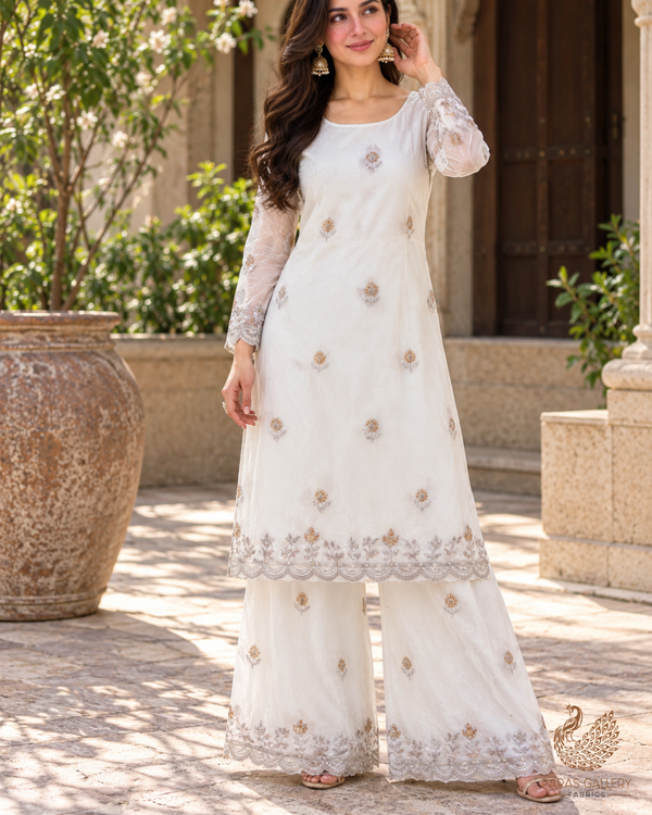 White Dyeable Georgette Dupatta Fabric With All Over Katdana, Sequins, Zari And Two Side Border 19005