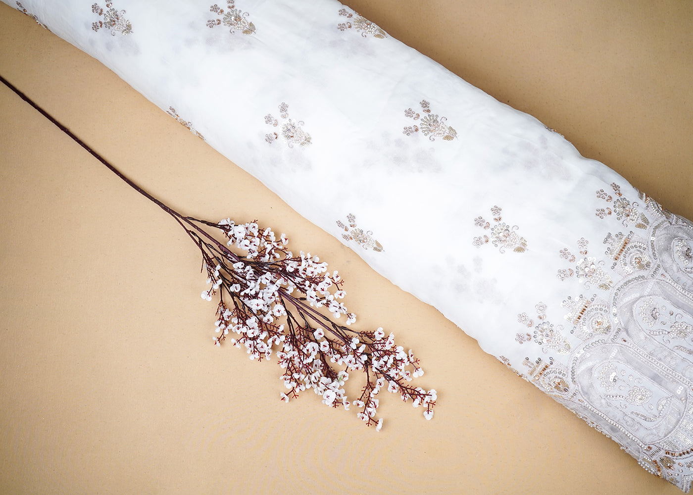 White Georgette Fabric With All Over Katdana, Sequins, Zari And One Side Net Cutwork Border 19006